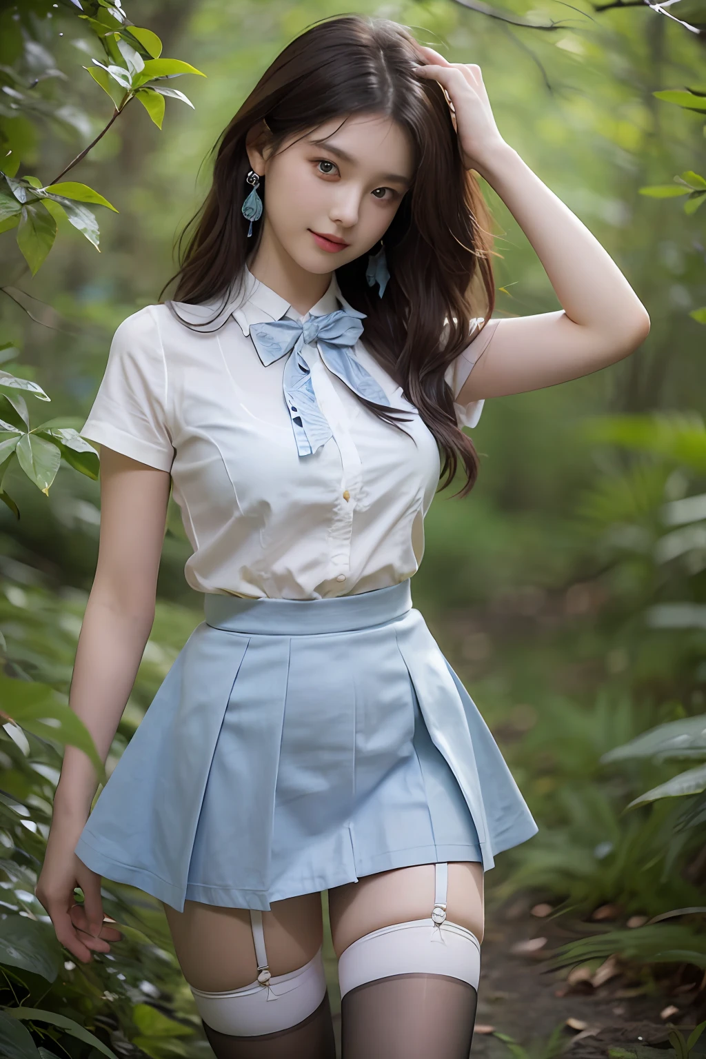 A cute girl, 20 years old, light blue eyes, black hair, long bohemian hairstyle, wearing (sky blue) short skirt skirt skirt and shirt, in a dark, mysterious forest, twisted branches and creeping vines, front picture, earrings, bow tie, noon, cinematic lighting, ((masterpiece)), (best quality), (high resolution), original, extremely detailed 8K, (realism: 1.4), flawless face, perfect eyes, symmetrica body type, (full body), smile, White stockings