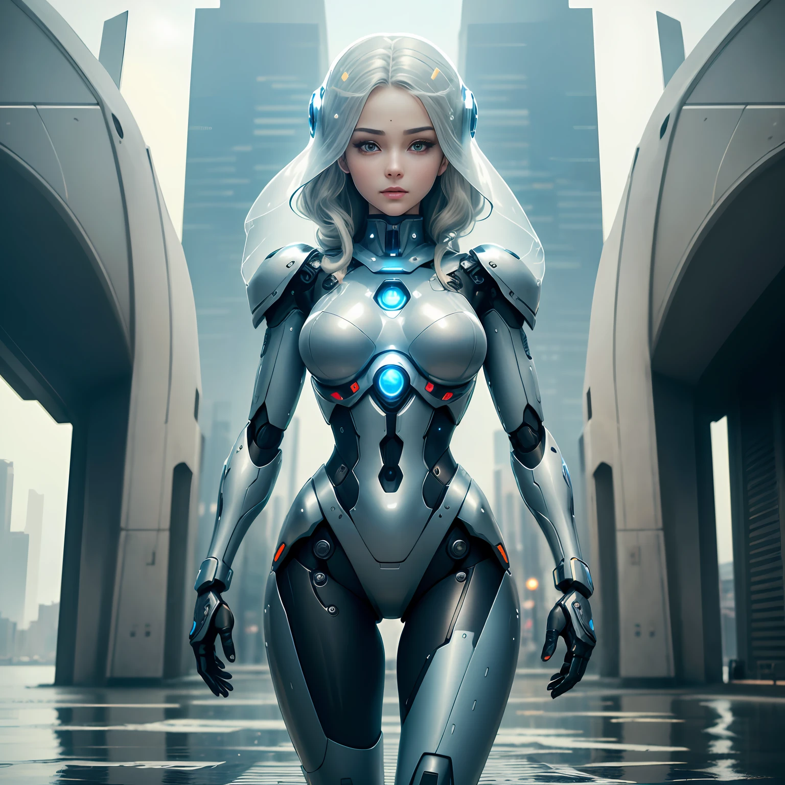 A robot with perfect female face, super realistic humanoid, robot with human-like face and mechanical detailed body, 8K image, robot with bird posing in its hand, peaceful environment, futuristic city background, super realistic robot with human-like physiognomy, peaceful robot, ((Masterpiece, best quality,)), dumb, (wet:1.2), girl, medium breasts, (see-through:1.3)