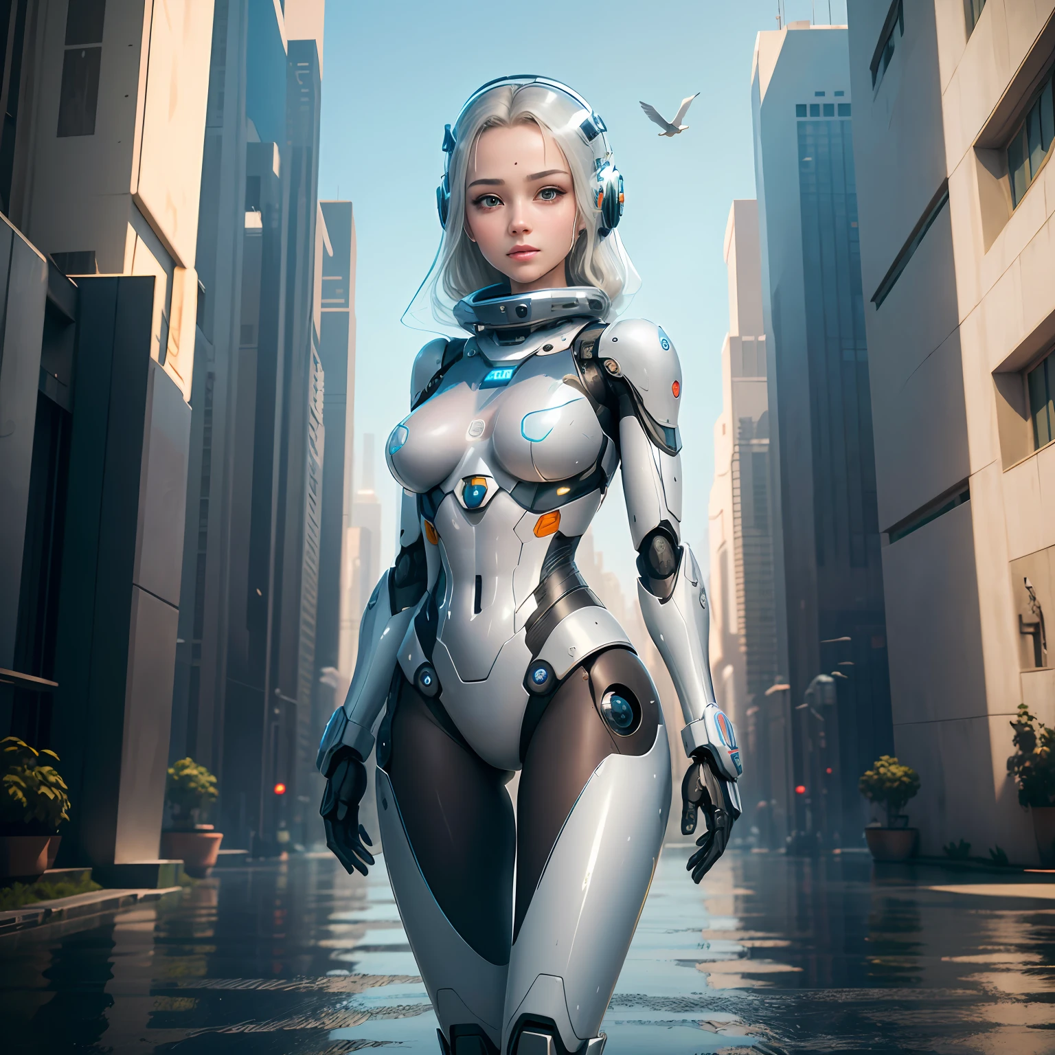 A robot with perfect female face, super realistic humanoid, robot with human-like face and mechanical detailed body, 8K image, robot with bird posing in its hand, peaceful environment, futuristic city background, super realistic robot with human-like physiognomy, peaceful robot, ((Masterpiece, best quality,)), dumb, (wet:1.2), girl, medium breasts, (see-through:1.3)