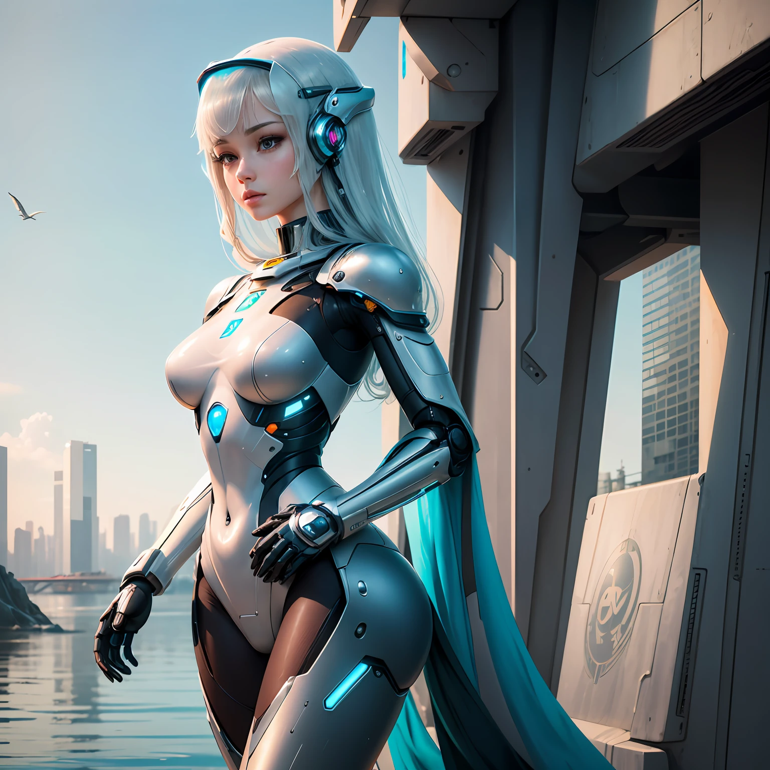 A robot with perfect female face, super realistic humanoid, robot with human-like face and mechanical detailed body, 8K image, robot with bird posing in its hand, peaceful environment, futuristic city background, super realistic robot with human-like physiognomy, peaceful robot, ((Masterpiece, best quality,)), dumb, (wet:1.2), girl, medium breasts, (see-through:1.3)