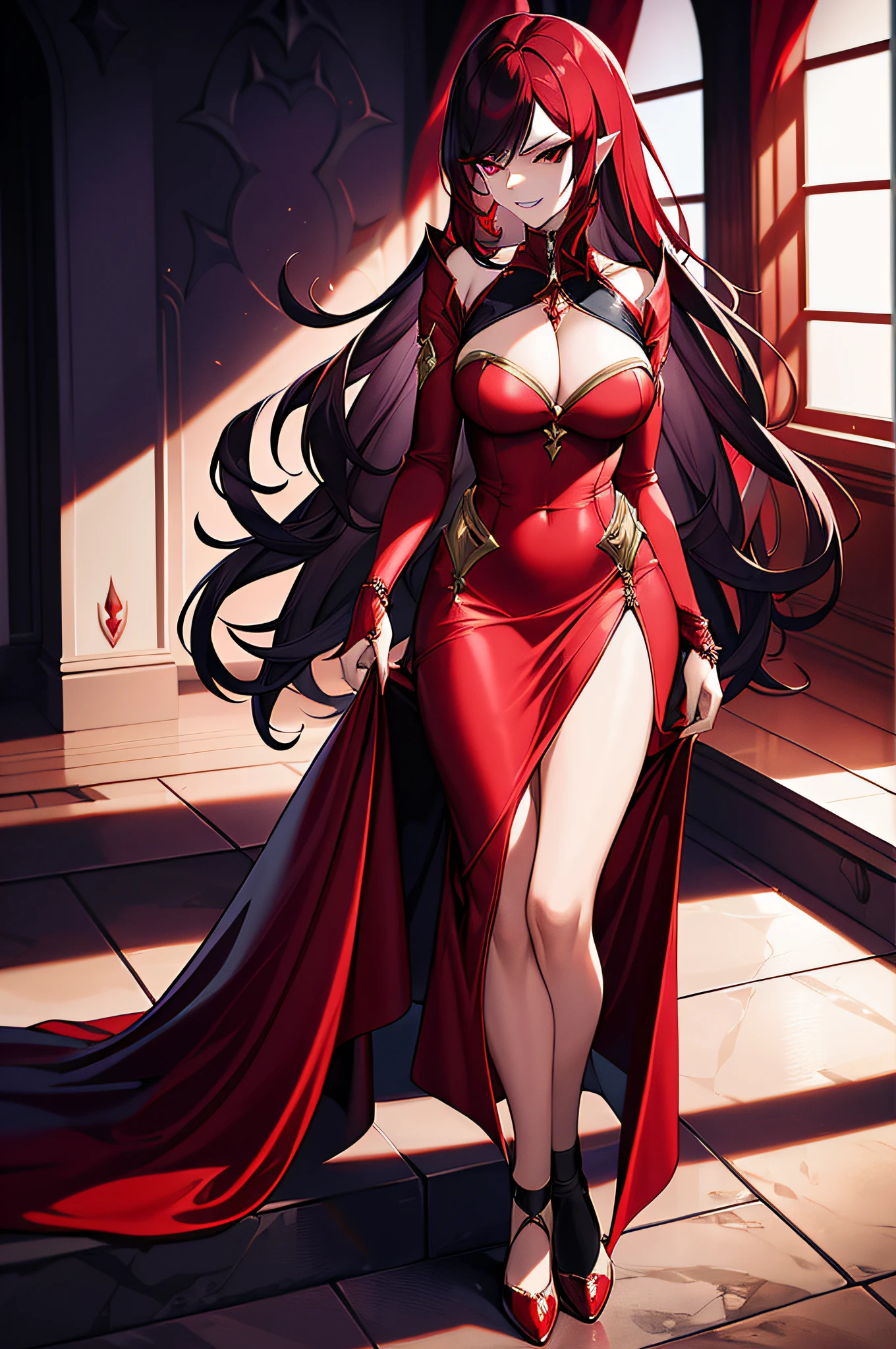 An 30 years old vampire queen enchanting and femme fatale with fiery red voluminous hair, adorned in a regal scarlet gown, mesmerizing black eyes, emanating a captivating wickedness, sinister grin, malicious pose, full body, high quality, 2 long sharp teeth."