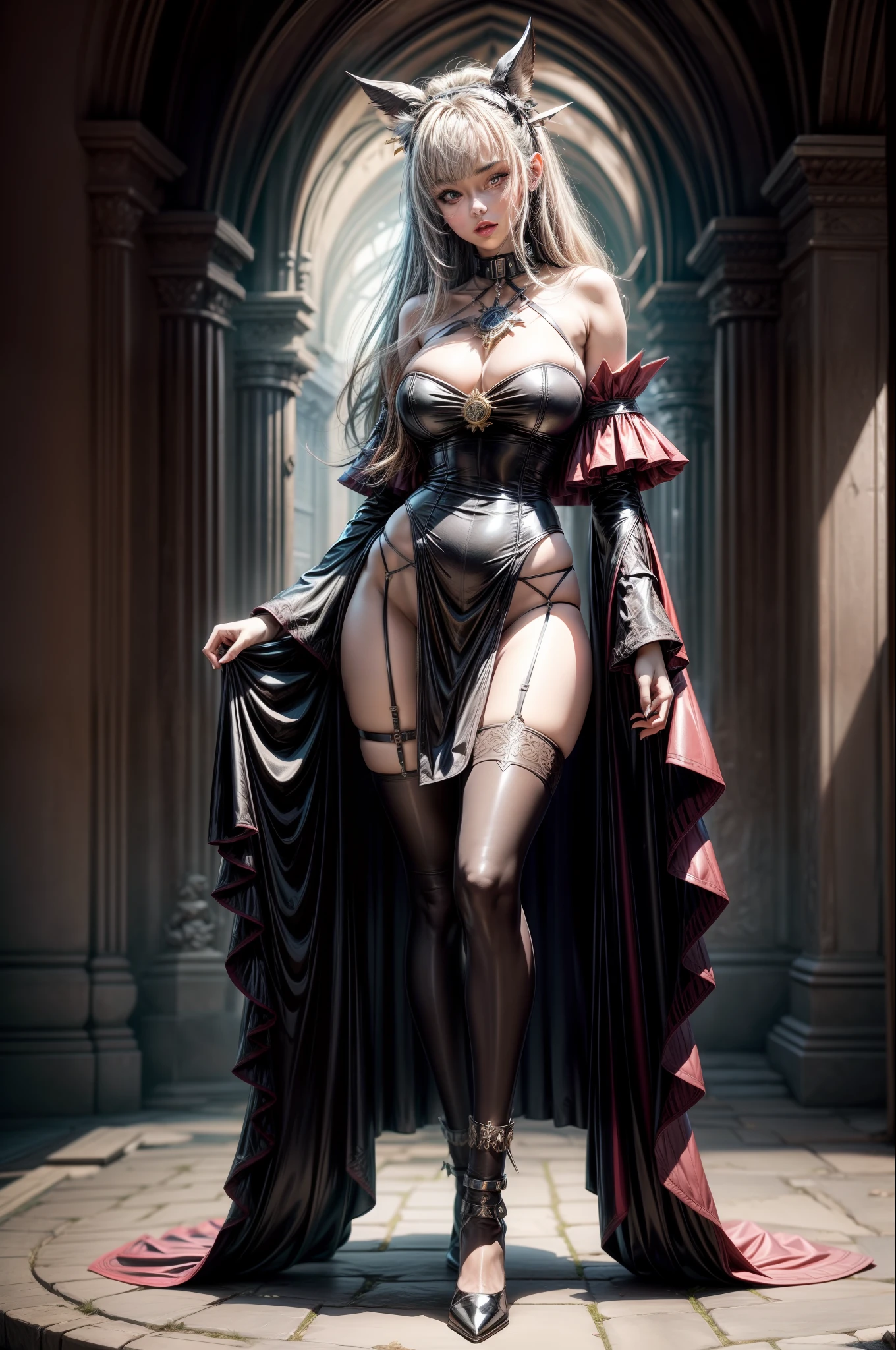 (Full body shooting :2), (Full Focus:1.3),Must show your face, anatomy correct, The character wears a shrine witch costume,plethora of colors,Strangling effect,High-heeled leather shoes, anklet,leg loops,collars,Heavy makeup, A shallow laugh, Latex socks must be worn, hyper HD, Ray traching, structurally correct, Award-Awarded, high detal, lightand shade contrast, cinmatic lighting, tmasterpiece, super detailing, high high quality, high detal, best qualityer, 16k