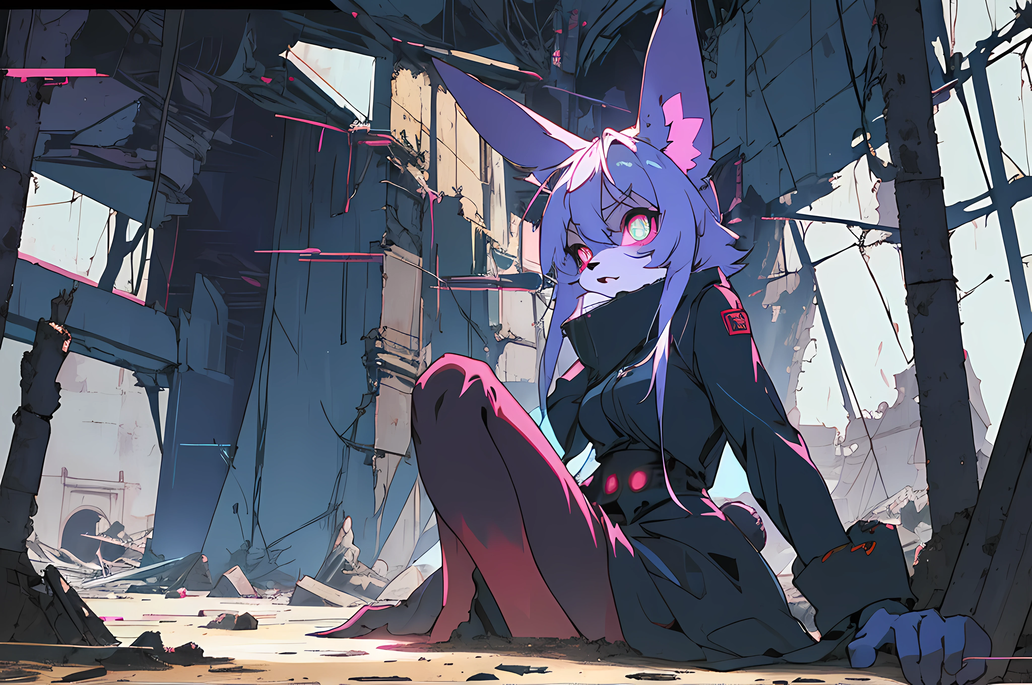 (vintage vhs), (crt screenshot), (((dark scene))), (((dark cloudy scene))), (((bleak dark nighttime unlit scene, dark colors))), (((underground basement scene))), (((unlit nighttime scene))), (((dark abandoned cathedral house))), (((solemn blue anthro kemono furry rabbit exploring old ruins))), (((underground cavern exploring in old ruins))), anime rabbit character with futuristic hair and glowing eyes exploring old ruins, anime art, anime aesthetic, (((old ruins in background cel art))), kemono anime rabbit girl, wearing cybernetic bunny ears, angry female fighter --v6