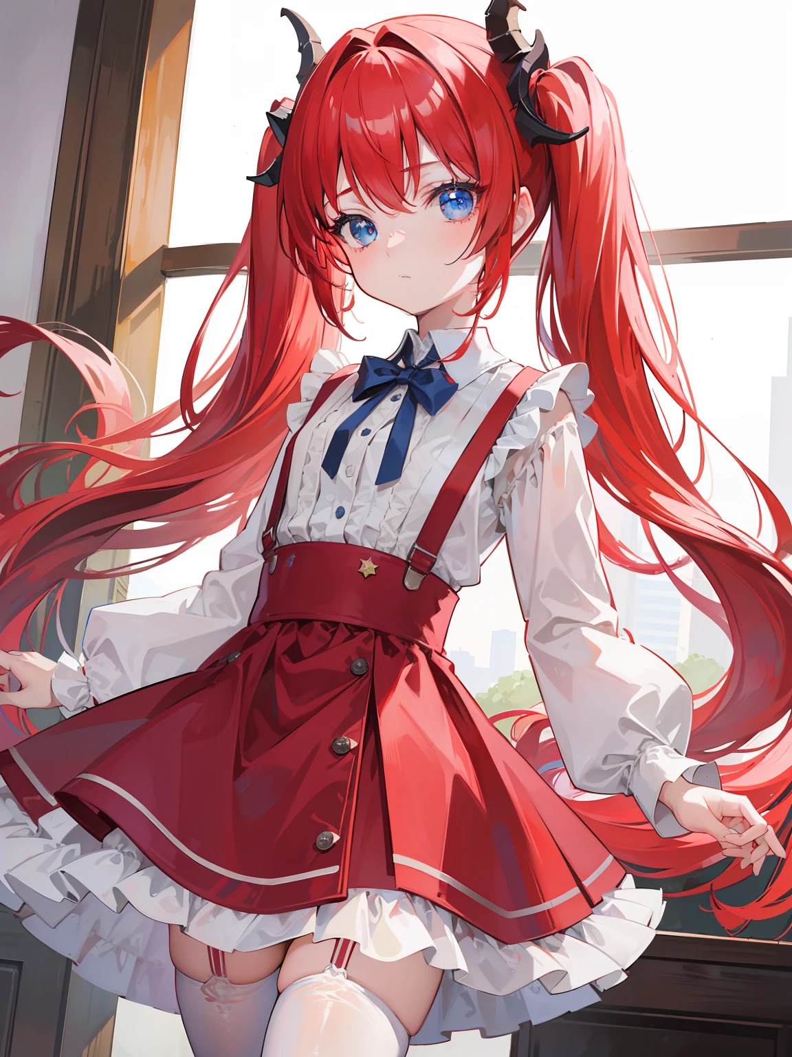 {{best quality}}, {{masterpiece}}, {{ultra-detailed}}, {illustration}, {detailed light}, red hair,blue eyes,twintails,ta,Suspenders skirt,Fantastic,lolio,Dragon horns,little gir