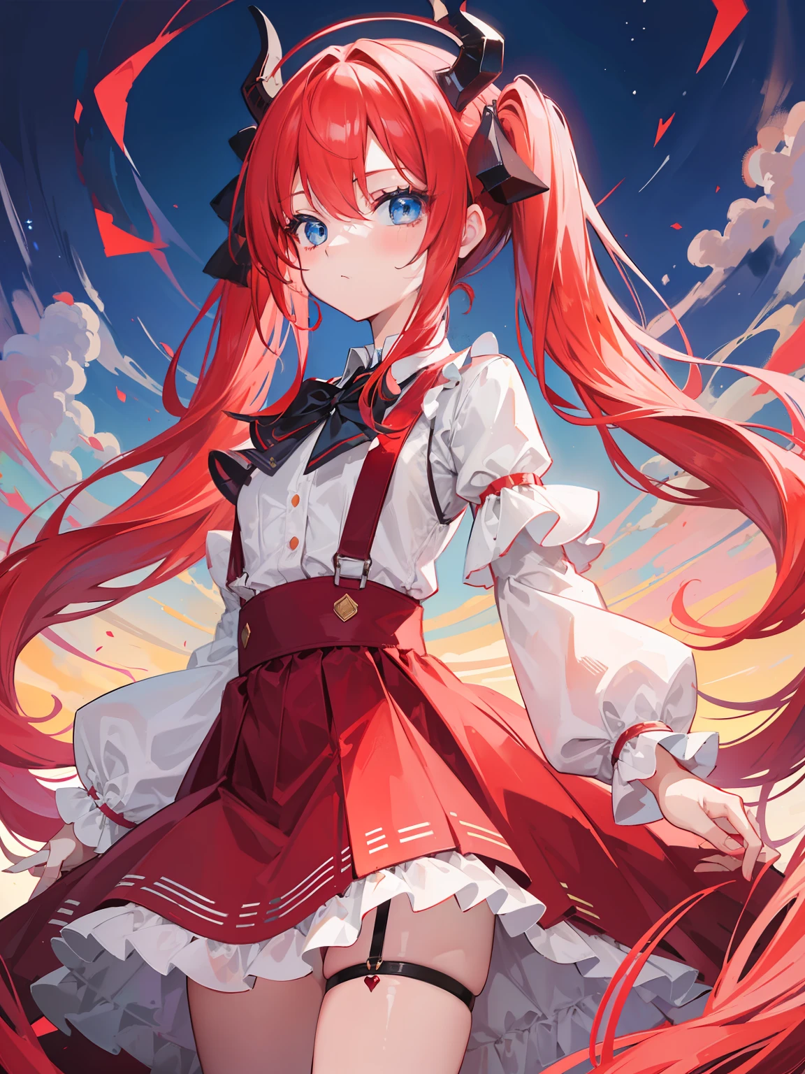 {{best quality}}, {{masterpiece}}, {{ultra-detailed}}, {illustration}, {detailed light}, red hair,blue eyes,twintails,lolita,Suspenders skirt,Fantastic,loli,solo,Dragon horns,little girl,long hair