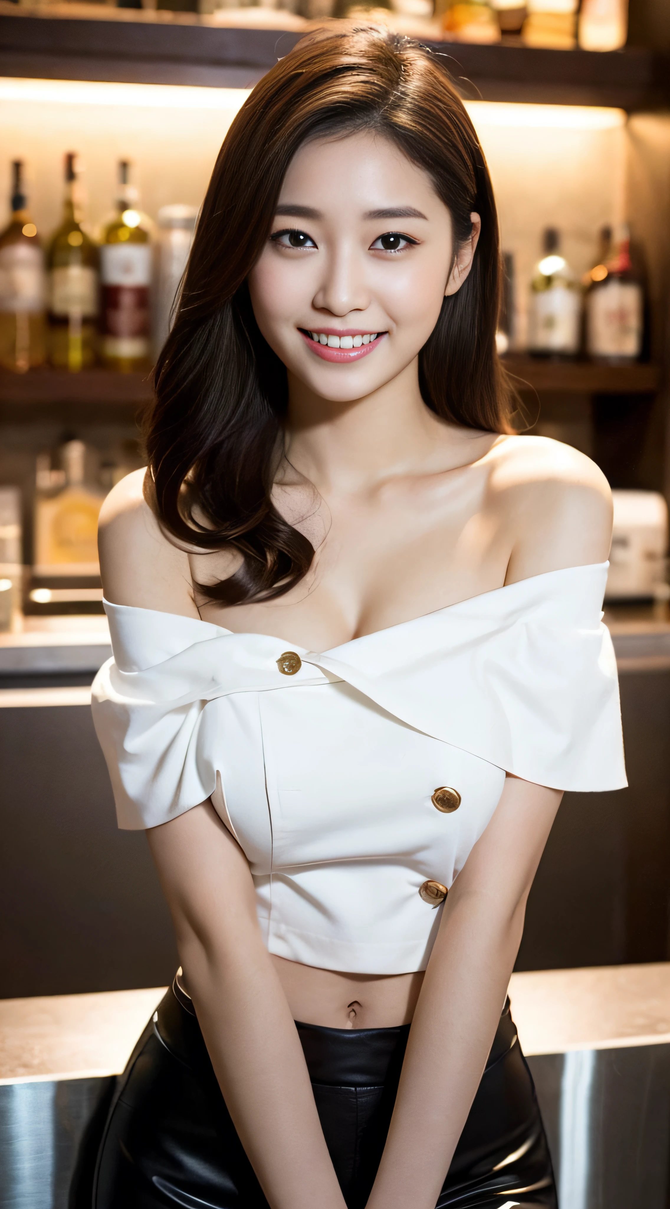 Stunning exquisite real beautiful girl、long curly hair of golden color、Very exquisite facial features、Incomparably beautiful girl、Clavicle off-shoulder、White crop top shirt、Black JK Skirt、Exposed legs、A sweet smile、Soft、dreamlike quality、light white and dark brown、exaggerated facial features、Landless、Candid off-white、Surreal、Super transparent beautiful young girl、Cute and lively、 Ultra short leggings、Bar counter background、(huge-breasted:1.3)、Dark lighting for a stylish atmosphere、a smile、japanes、idol、cute little