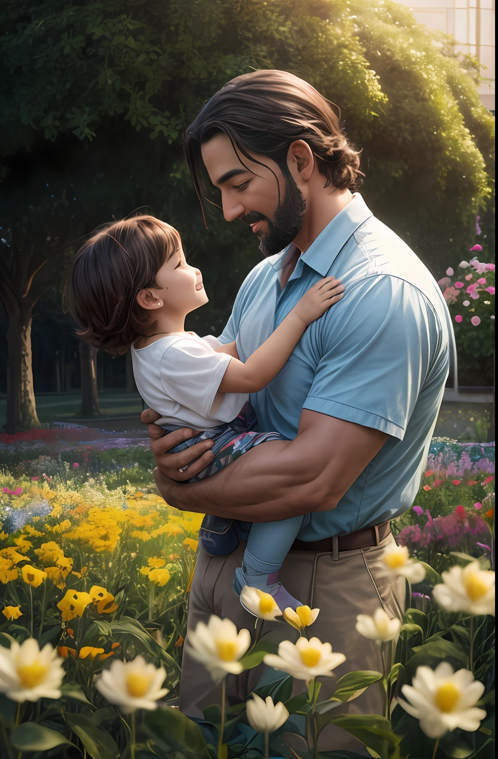 The father lifts the child up, rindo, large area of flowers in the foreground, luz suave, Comfortable tones, hiper-realista, 8k  na horizontal