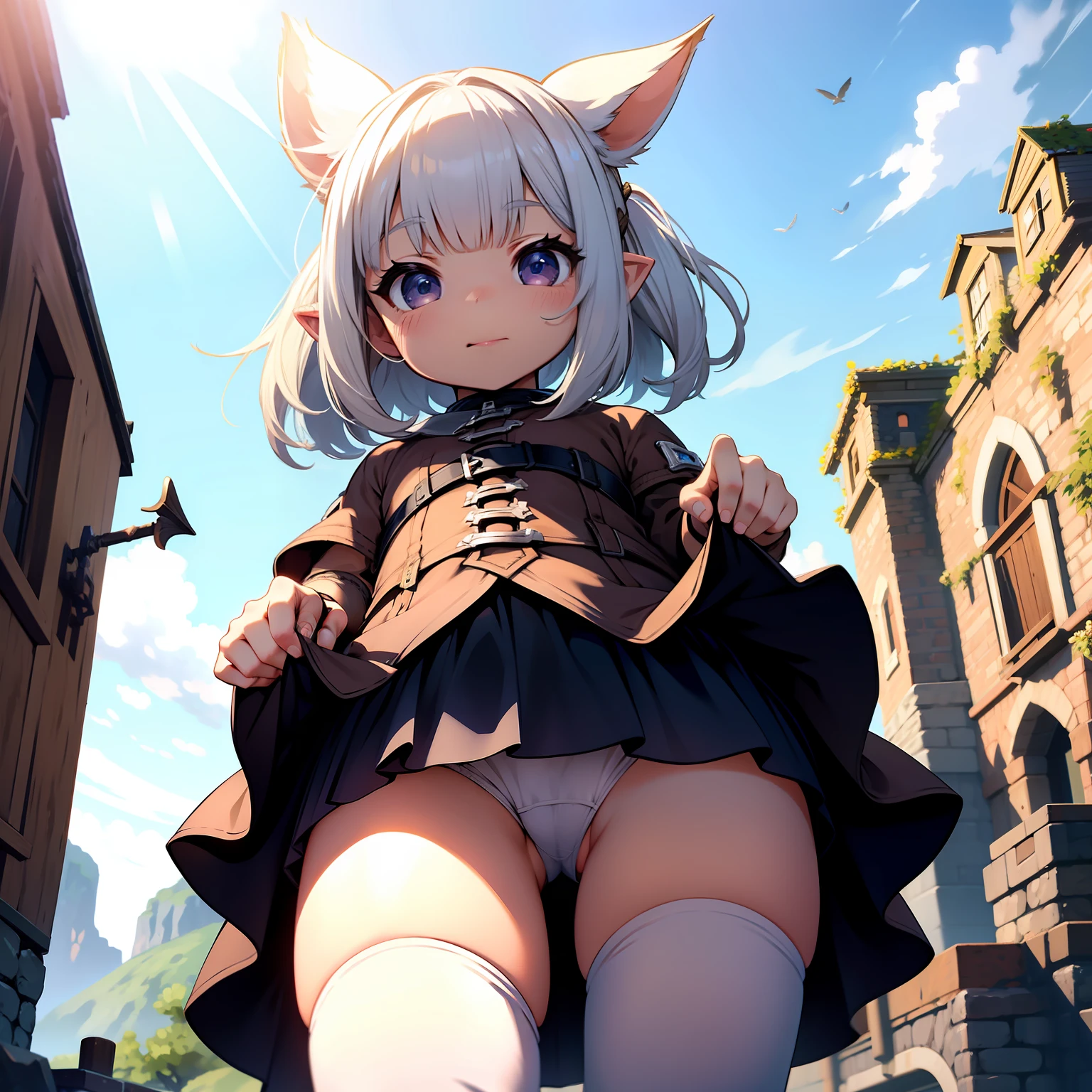 A cute Lalafell from FFXIV wearing a short skirt, upskirt view, upward angle, worm's eye view