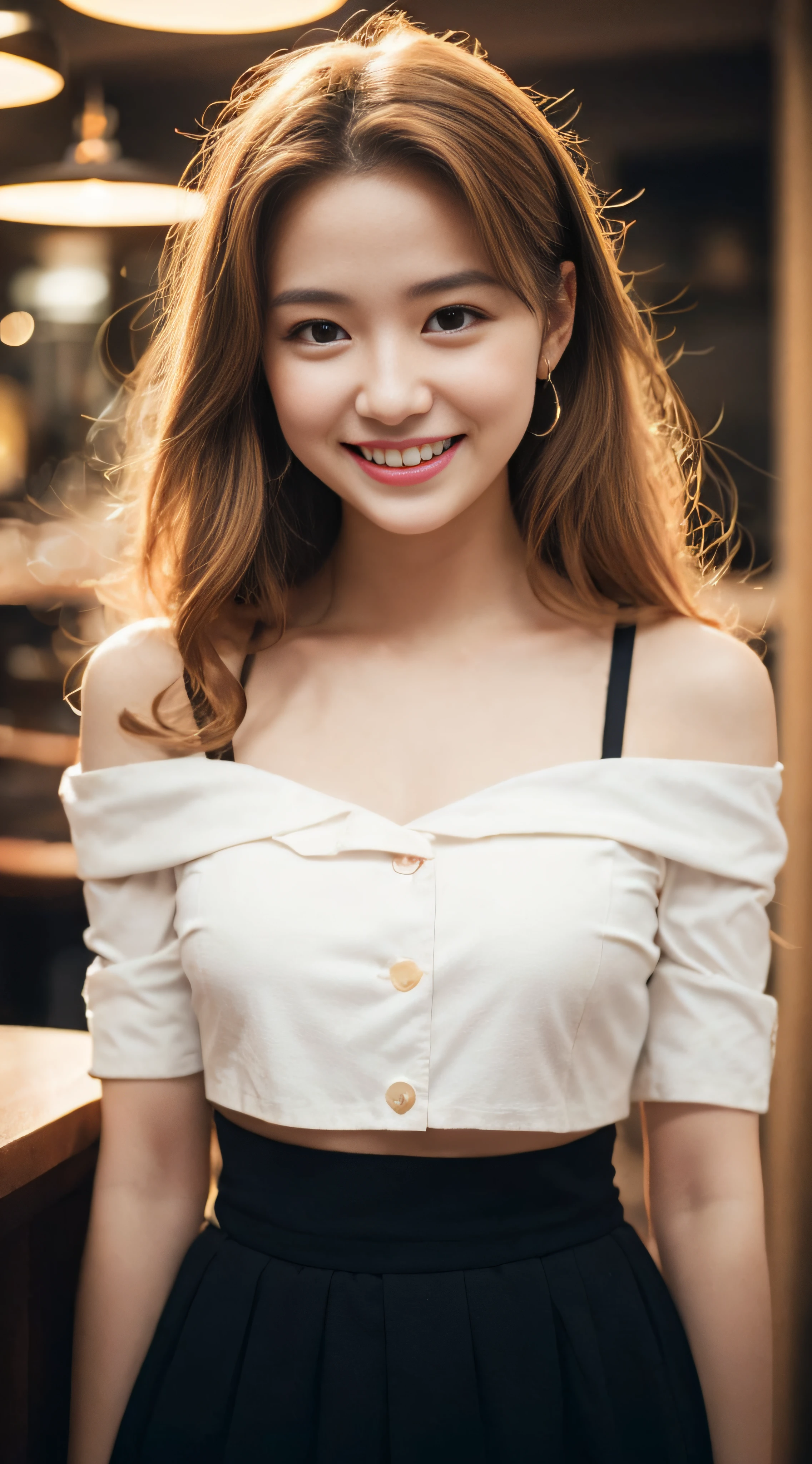 Stunning exquisite real beautiful girl、(long curly hair of golden color:1.2)、Very exquisite facial features、Incomparably beautiful girl、Clavicle off-shoulder、White crop top shirt、Black JK Skirt、Exposed legs、A sweet smile、Soft、dreamlike quality、light white and dark brown、exaggerated facial features、Landless、Candid off-white、Surreal、Super transparent beautiful young girl、Cute and lively、 Ultra short leggings、Cafe background、(huge-breasted:1.3)、Dark lighting for a stylish atmosphere、A smile、japanes、Idol、cute little