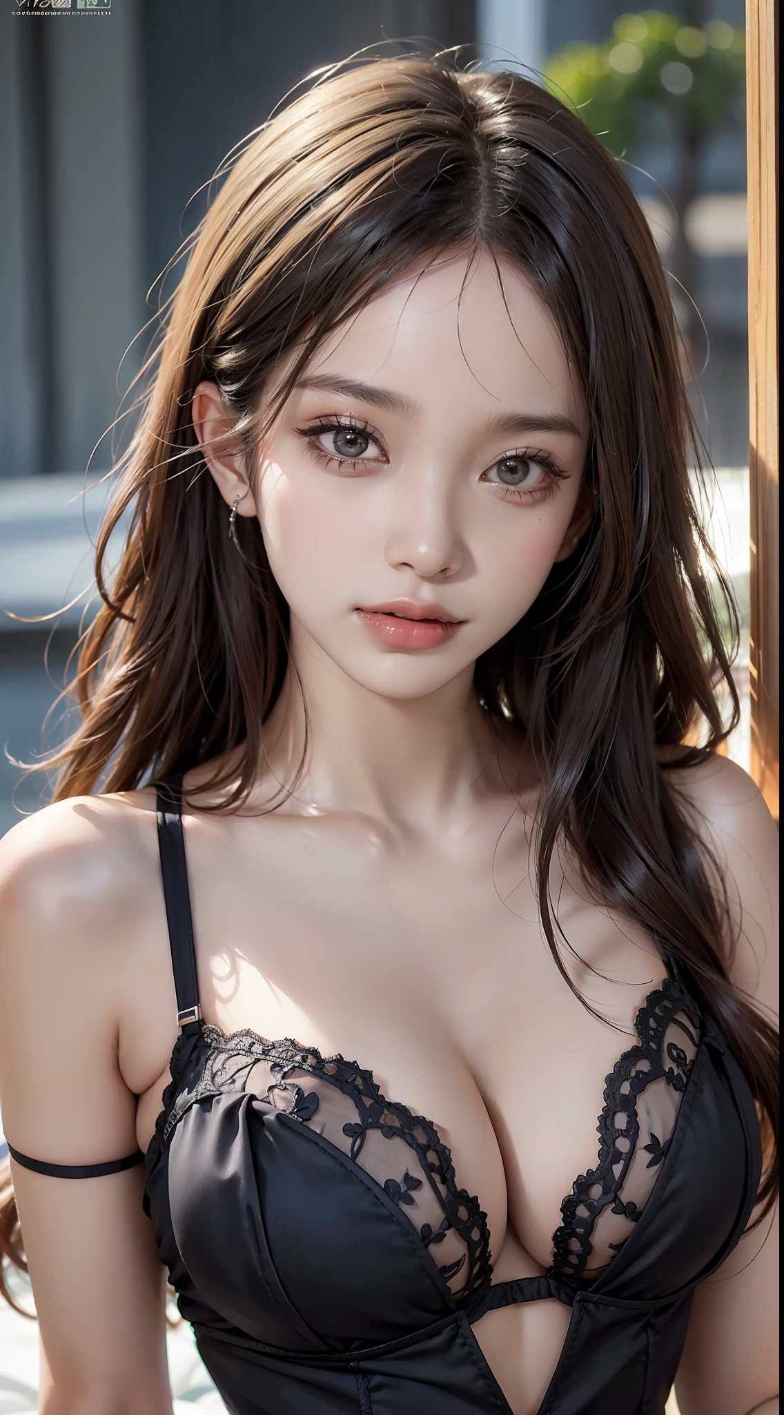 Mulheres coreanas, deusas, corpo perfeito, cabelo longo, textura fina da pele e textura do pano, textura detalhada dos olhos, long eyeslashes, 二重まぶた, (close-up do peito: 1.4), decote, peitos grandes, cama de hotel, 8k, mais alta qualidade, obra-prima, super high res: 1.2, foto feminina bonita com o tema do estilo elegante feminino, mulher Arad posando para foto em vestido claro, vestido macio, vestido feminino, cintura larga, tecido de renda, black lace bra, parte superior do corpo usando vestido leve, vestidos elegantes, vestidos de chiffon, vestidos, vestidos