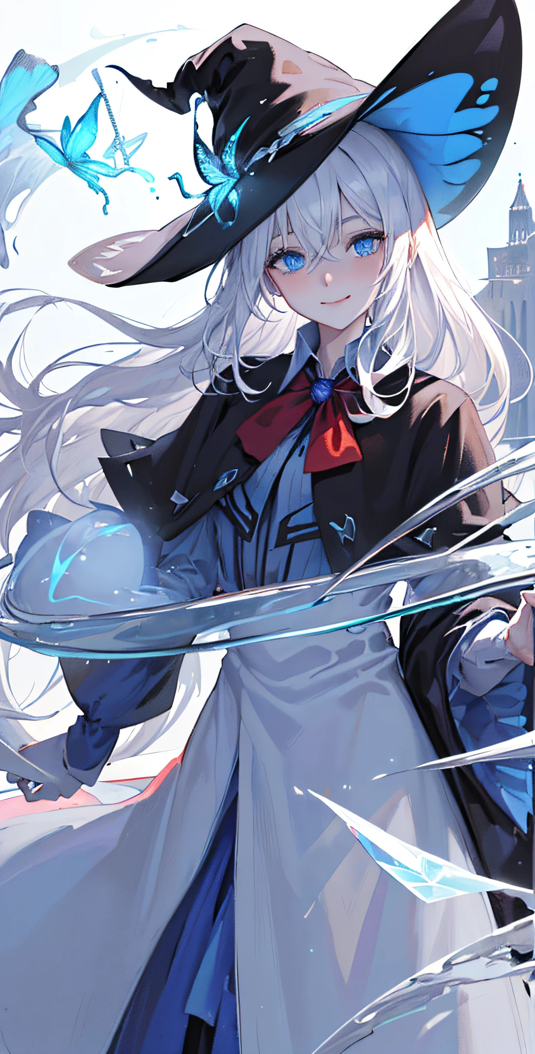 (colorful:1.3), (Orderly, best composition)(cowboy shot:1.2), (1 girl:1.2), (long white hair), (blue eyes), smile, (cute face), (Witch suit), (Witch hat),(fantasy clothing, Layered clothes, costume combination)(detailed light), (an extremely delicate and beautiful), volume light, best shadow, flash, Depth of field, dynamic angle, Oily skin(In the middle of the magic circle), (floating Magic palace and Alps mountains and London:1.2), Lots of phantoms, imagination, (fog)(standing in magic circle base:1.2), (melting, flowing:1.3), (lightning:1.3), (ice:1.25), (floating water:1.25), (crystal:1.25), (red flame:1.2), (butterflies:1.2), (snow:1.2), (Red roses), (galaxy, desert, sea)