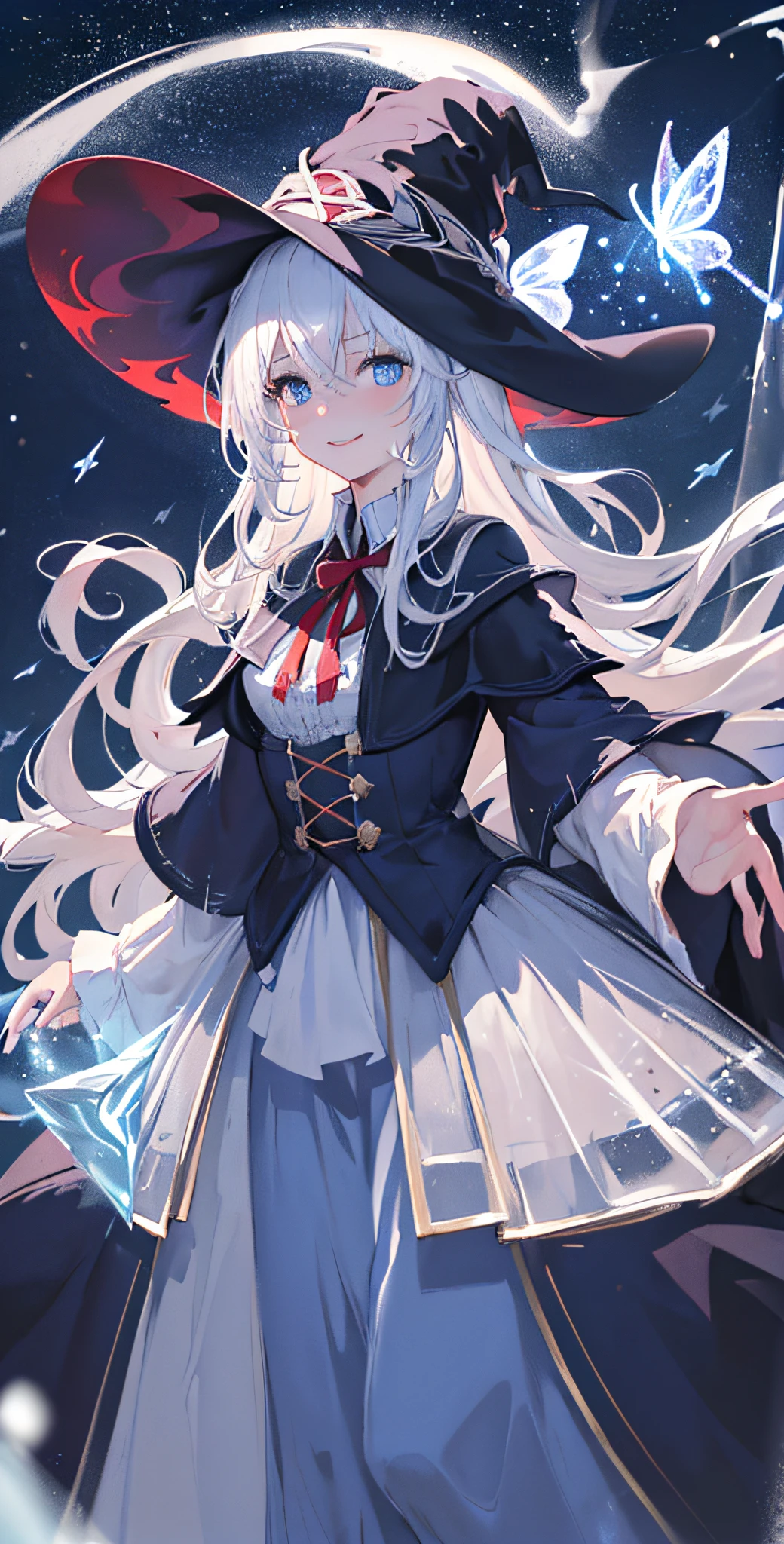 (colorful:1.3), (Orderly, best composition)(cowboy shot:1.2), (1 girl:1.2), (long white hair), (blue eyes), smile, (cute face), (Witch suit), (Witch hat),(fantasy clothing, Layered clothes, costume combination)(detailed light), (an extremely delicate and beautiful), volume light, best shadow, flash, Depth of field, dynamic angle, Oily skin(In the middle of the magic circle), (floating Magic palace and Alps mountains and London:1.2), Lots of phantoms, imagination, (fog)(standing in magic circle base:1.2), (melting, flowing:1.3), (lightning:1.3), (ice:1.25), (floating water:1.25), (crystal:1.25), (red flame:1.2), (butterflies:1.2), (snow:1.2), (Red roses), (galaxy, desert, sea)