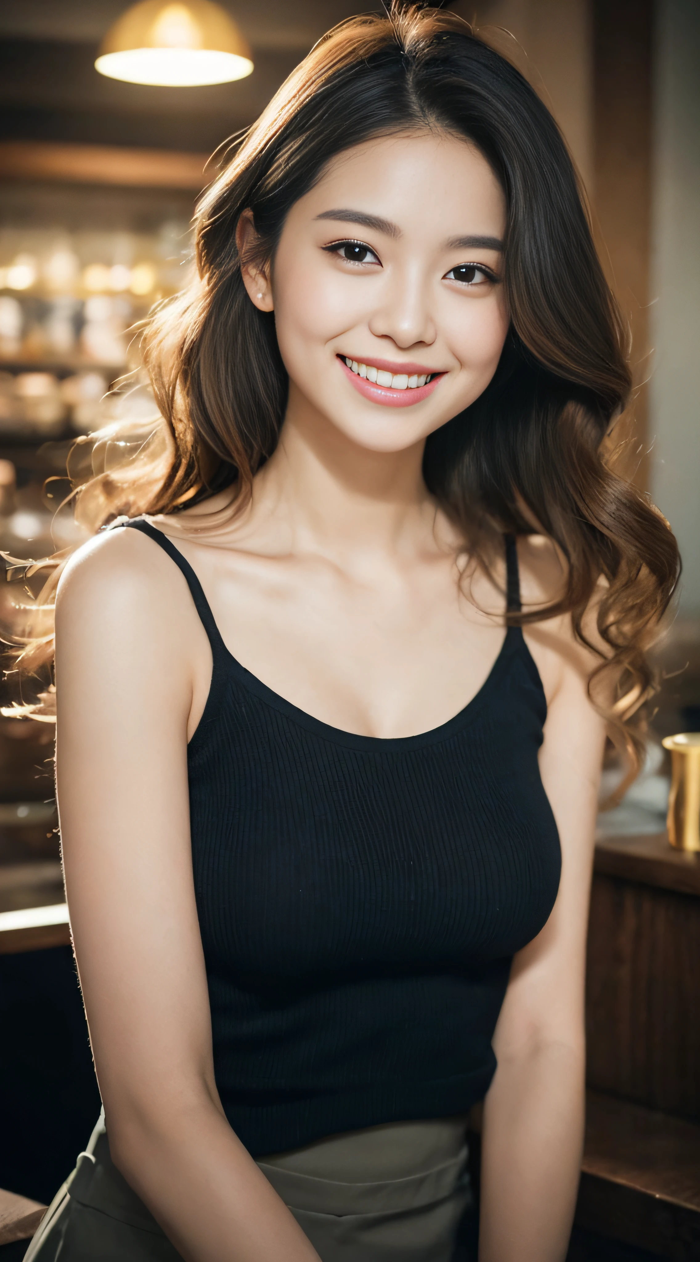 Stunning exquisite real beautiful girl、(long curly hair of golden color:1.2)、Very exquisite facial features、Incomparably beautiful girl、Clavicle off-shoulder、White crop top shirt、Black JK Skirt、Exposed legs、A sweet smile、Soft、dreamlike quality、light white and dark brown、exaggerated facial features、Landless、Candid off-white、Surreal、Super transparent beautiful young girl、Cute and lively、 Ultra short leggings、Cafe Background、(huge-breasted:1.3)、Dark lighting for a stylish atmosphere、A smile、japanes、Idol、cute little