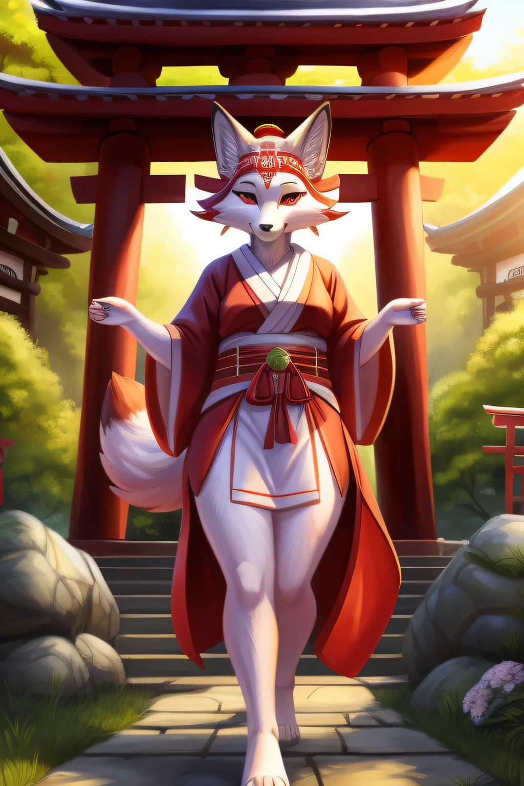 Pink fox goddess walking through her shinto shrine, masterpiece, digital painting, furry, curvy. shrine maiden