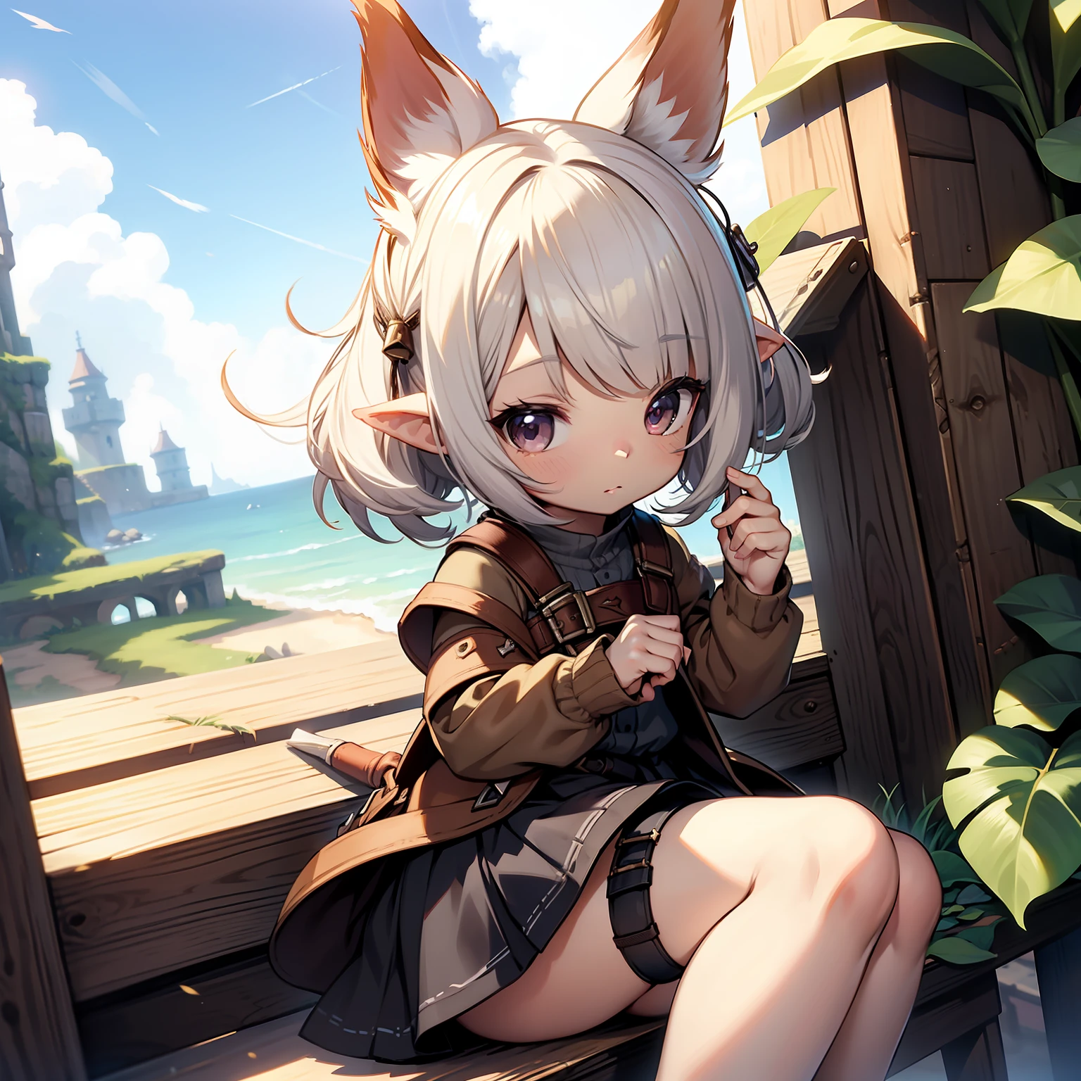 A cute Lalafell from FFXIV wearing a short skirt, upskirt view, upward angle, worm's eye view