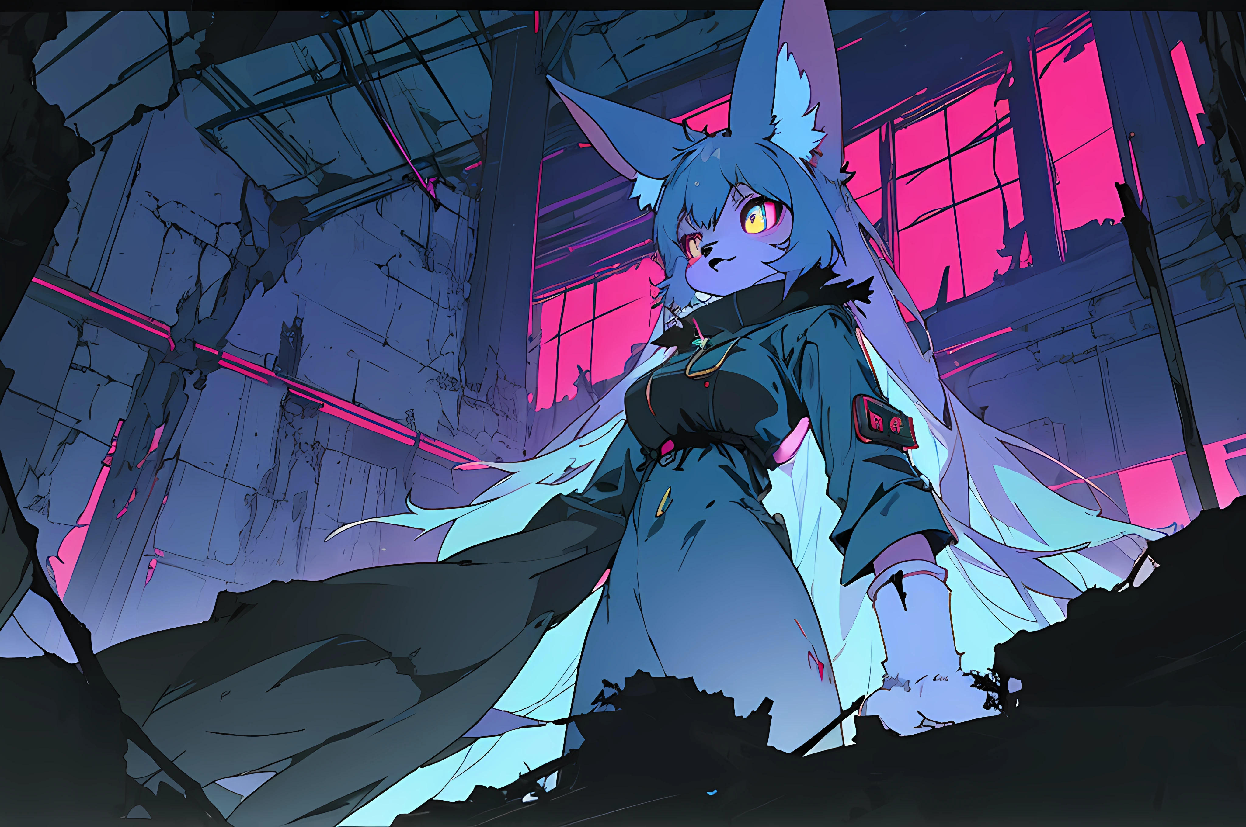 (vintage vhs), (crt screenshot), (((dark scene))), (((dark cloudy scene))), (((bleak dark nighttime unlit scene, dark colors))), (((underground basement scene))), (((unlit nighttime scene))), (((dark abandoned cathedral house))), (((solemn blue anthro kemono furry rabbit exploring old ruins))), (((underground cavern exploring in old ruins))), anime rabbit character with futuristic hair and glowing eyes exploring old ruins, anime art, anime aesthetic, (((old ruins in background cel art))), kemono anime rabbit girl, wearing cybernetic bunny ears, angry female fighter --v6