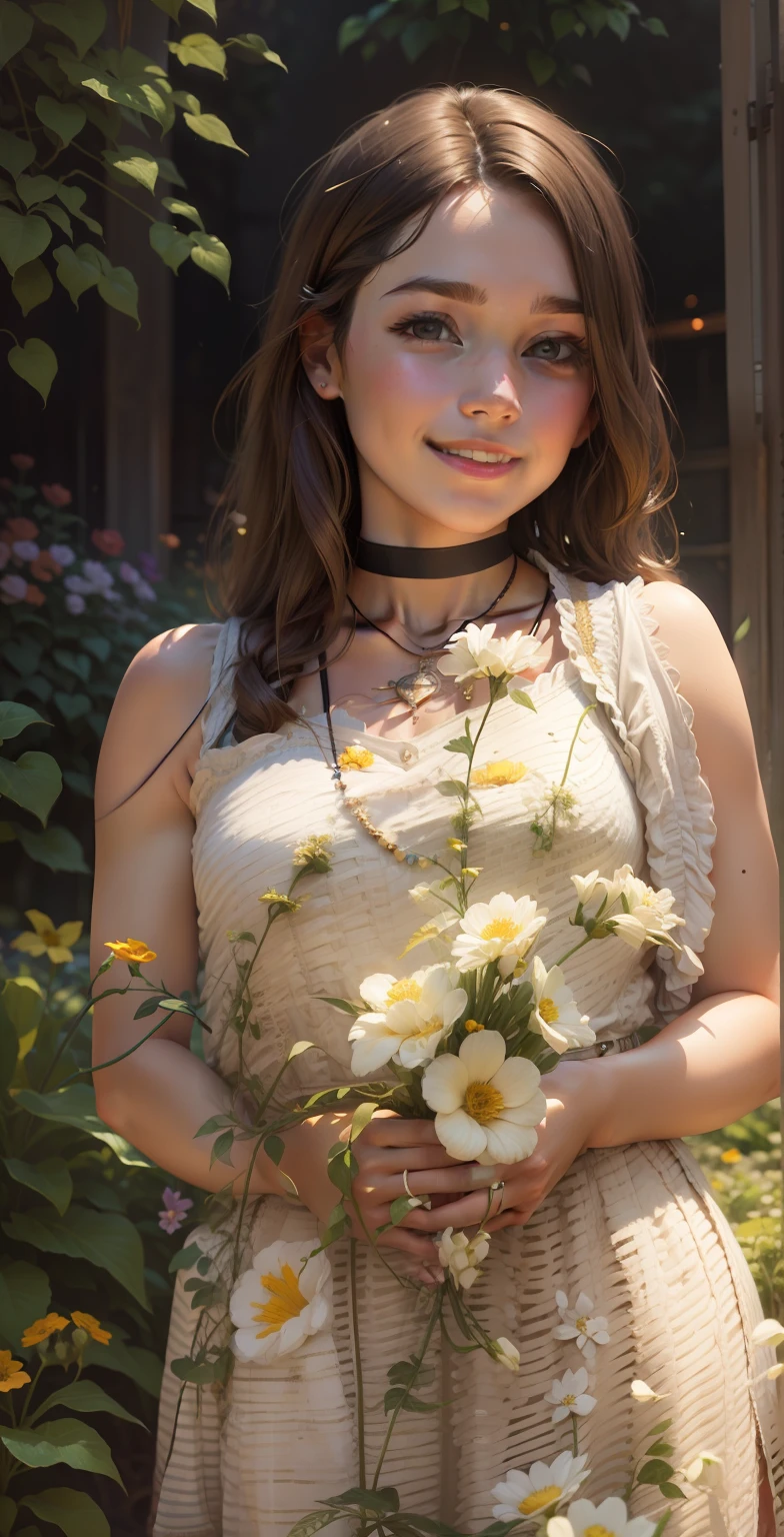 Portrait of girl standing in a garden holding flowers, cute smile, realistic face, cinematic lights, 1.8 raw image, necklace