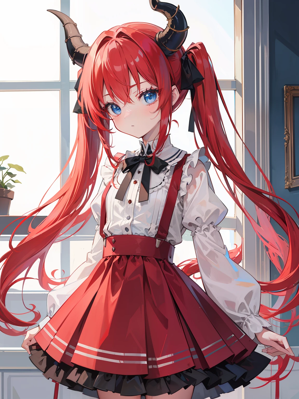 {{best quality}}, {{masterpiece}}, {{ultra-detailed}}, {illustration}, {detailed light}, red hair,blue eyes,twintails,lolita,Suspenders skirt,Fantastic,loli,solo,Dragon horns,****** girl,long hair