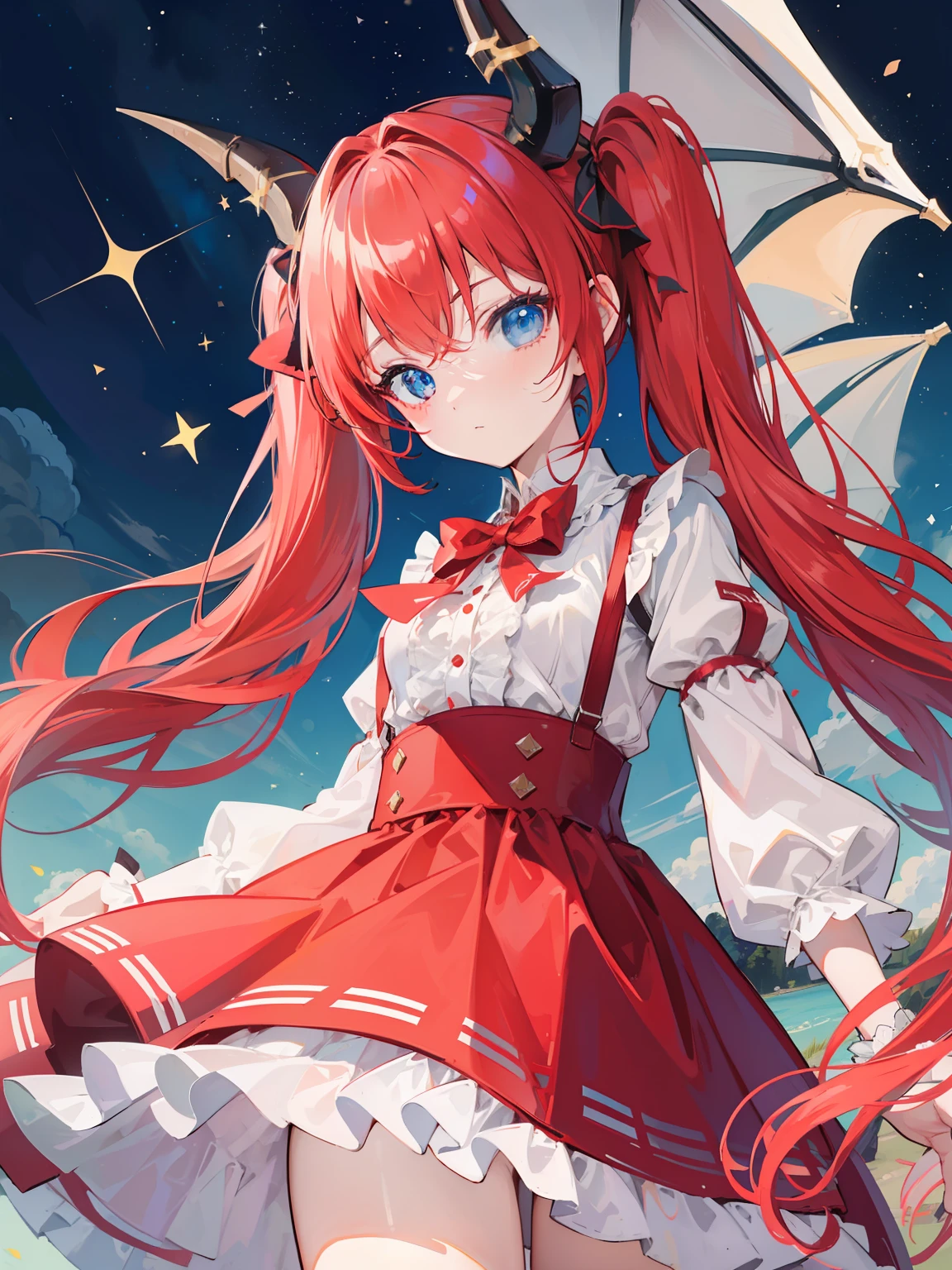 {{best quality}}, {{masterpiece}}, {{ultra-detailed}}, {illustration}, {detailed light}, red hair,blue eyes,twintails,lolita,Suspenders skirt,Fantastic,loli,solo,Dragon horns,little girl,long hair