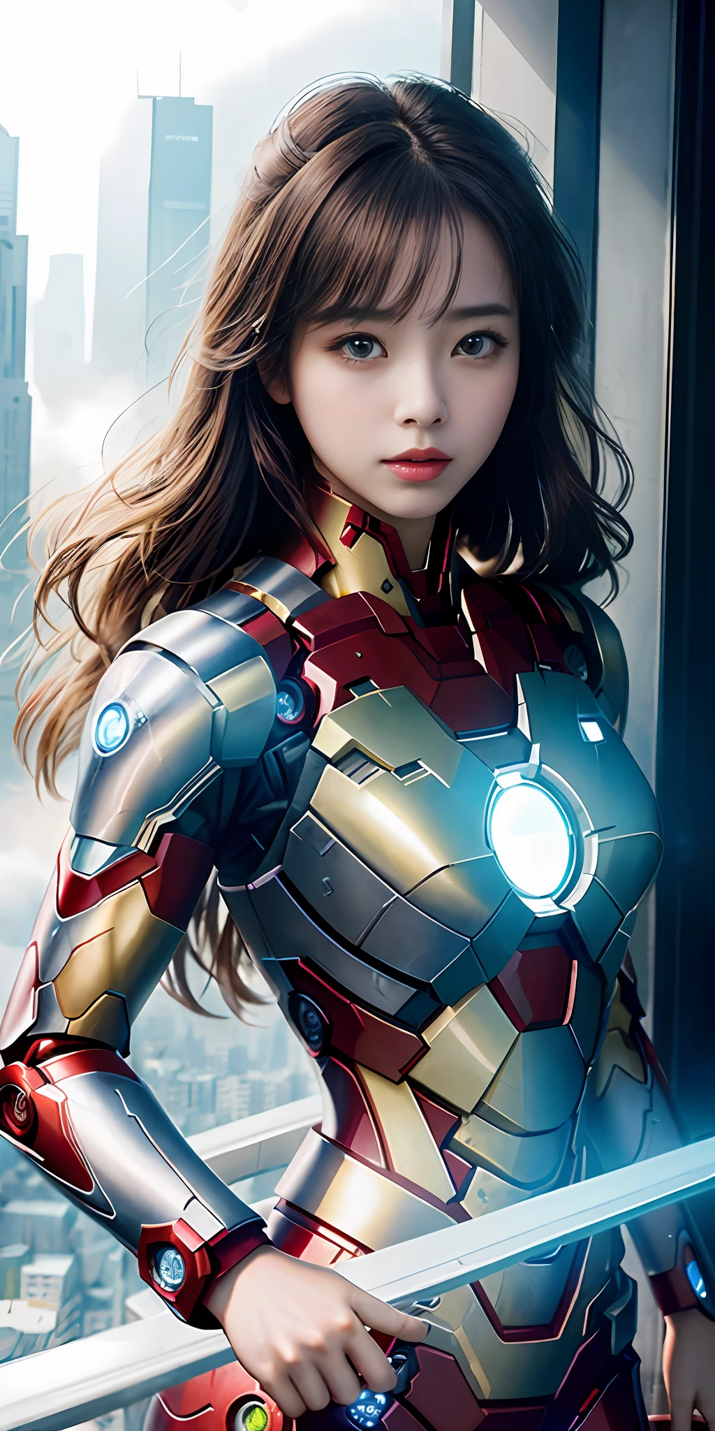 (1girl:1.3), 独奏, (((very vey very detailed face))),((very detailed eyes and faces))),beatiful detailed eyes,Body parts__,offcial art,Unified 8k wallpaper,ultra-detailliert,Beautiful and beautiful,big breasts beautiful,tmasterpiece,best qualtiy,primitive,tmasterpiece,ultra fine photos,best qualtiy,超高分辨率,photorealistic realism,rays of sunshine,full-body portraits,stunningly beautiful,,dynamicposes,delicated face,vibrant eyes,(from the front side), She wears an Iron Man battle suit,Red and yellow color scheme,Iron Man,Very detailed city roof background, Roof,looking over city,详细的脸,detailed complex busy background,untidy,opulent,milkyW,highly detailedskin,Realistic details of skin,Visible pores,Clear focus,volume fog,8k uhd,digital SLR camera,high qulity,filmgrain,White skin of the,photo-realism,lomography,A huge metropolis of the dystopia of the future, semi transparent