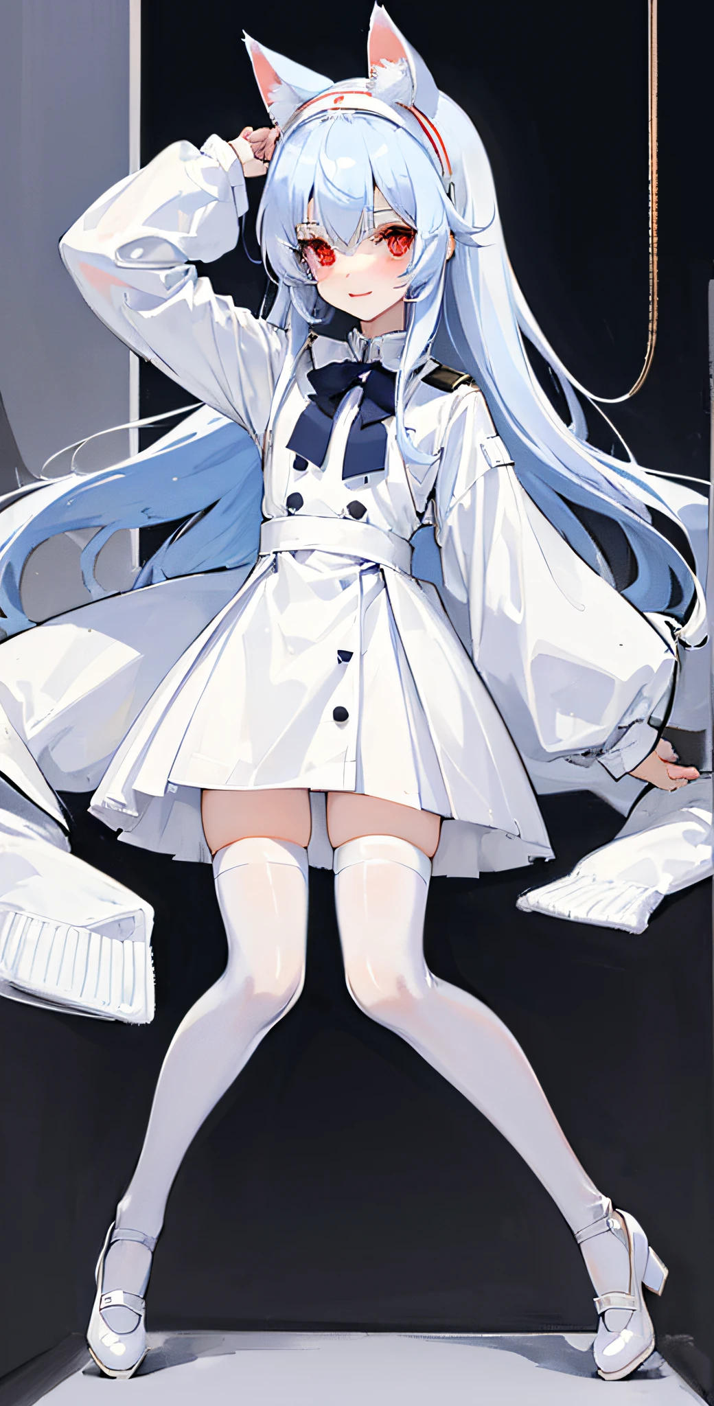 (((White stockings, White clothes))),A girl,((Red eyes)),Cat ears,(two sides up:1.3),Bayunling,Light blue hair,Long hair,head band,Solo,(Petite:1.2),(),Cute,Detailed face,ssmile,