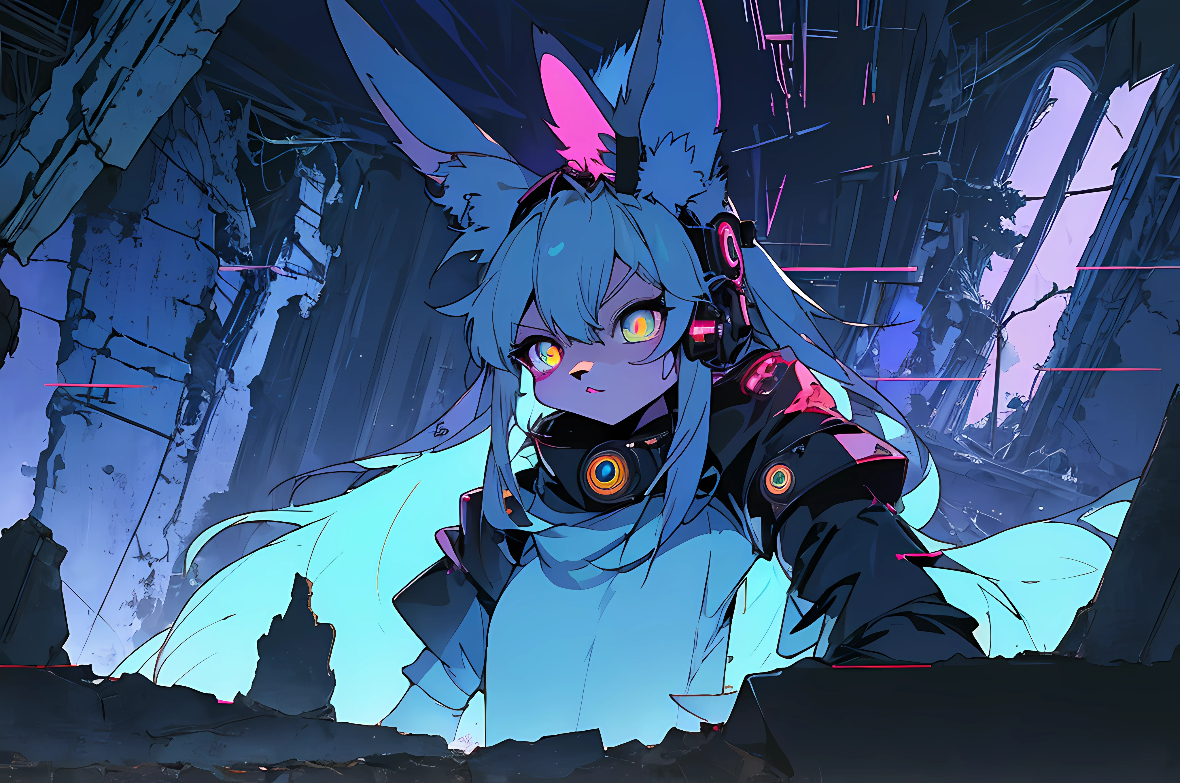 (vintage vhs), (crt screenshot), (((dark scene))), (((dark cloudy scene))), (((bleak dark nighttime unlit scene, dark colors))), (((underground basement scene))), (((unlit nighttime scene))), (((dark abandoned cathedral house))), (((solemn blue anthro kemono furry rabbit exploring old ruins))), (((underground cavern exploring in old ruins))), anime rabbit character with futuristic hair and glowing eyes exploring old ruins, anime art, anime aesthetic, (((old ruins in background cel art))), kemono anime rabbit girl, wearing cybernetic bunny ears, angry female fighter --v6