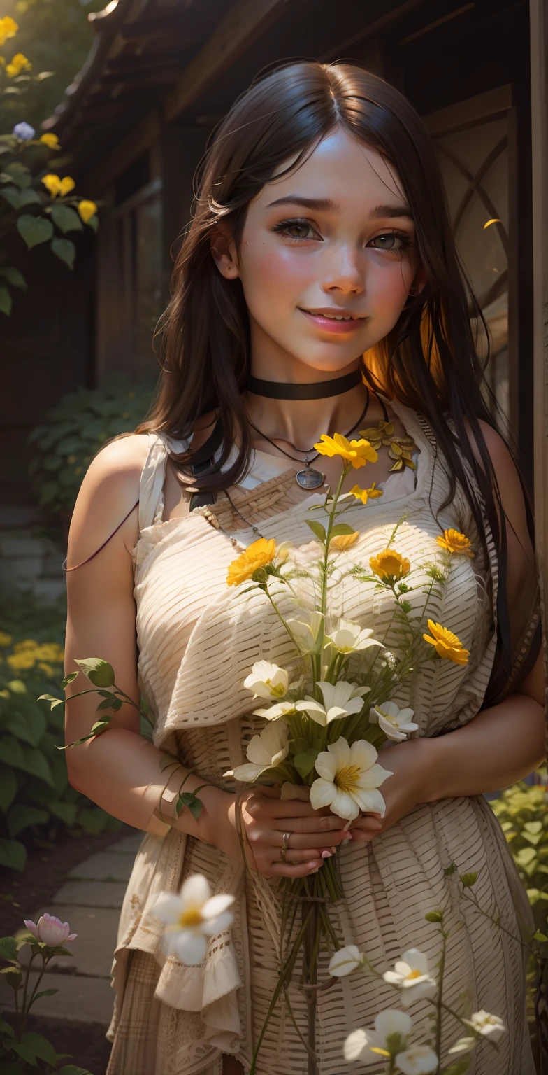 Portrait of girl standing in a garden holding flowers, cute smile, realistic face, cinematic lights, 1.8 raw image, necklace
