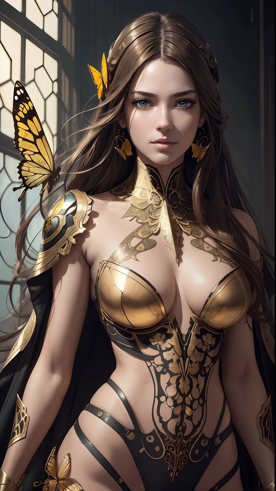 8k portrait of beautiful cyborg with brown hair, intricate, elegant, highly detailed, majestic, digital photography, art by artgerm and ruan jia and greg rutkowski surreal painting gold butterfly filigree, broken glass, (masterpiece, sidelighting, finely detailed beautiful eyes: 1.2), hdr, --auto