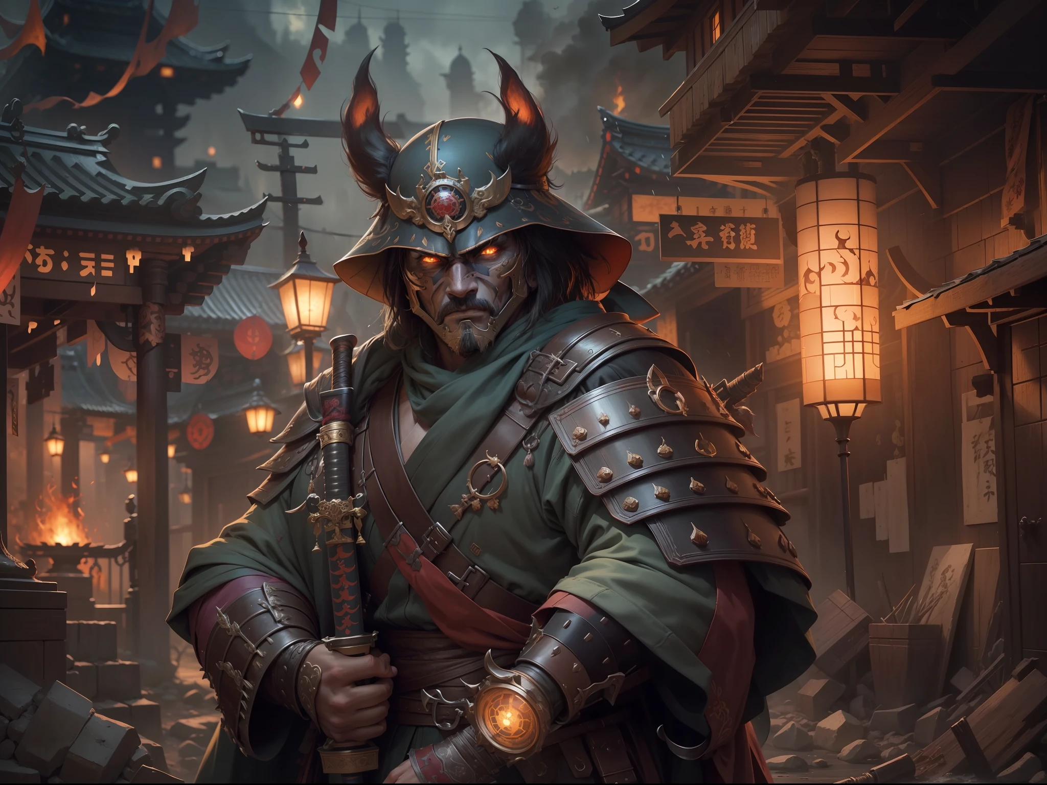a Man samurai, oni mask, katana, best quality, masterpiece, steampunk, ultra high res,(photorealistic:1.4) ,weapon,Detailed face, 1 men , solo, katana weapon, cleavage,(magic circle:1.2), full body, oni mask, east asian architecture, sheath, architecture, steampunk samurai, japan, wearing steel armor, carry a long sword, medival, fantasy, high quality, ultra detailed in 4k, 8k, high resolution, fantasy coverart style, fantasy japan medival, sharp focus, depth of field. neutral colors:1.2), (hdr:1.4), (muted colors:1.2), hyperdetailed, (artstation:1.4), cinematic, warm lights, dramatic light, (intricate details:1.1), complex background, (rutkowski:0.66), (teal and orange:0.4)",soft glow, magic splatter, (Tyler jacobson:1.4) fantasy style, clean art, shaded flat illustration, digital art, misty rain, misty weather. steampunk battle city background, monster in a battlefield of blood and fire. As he fought, the bodies of his enemies piled up around her, but he remained untouched, his figure growing larger and more majestic with each passing moment. Finally, after defeating the entire army alone, the general stood victorious, his sword still raised high. His bravery and triumph filled the battlefield with a sense of solemn grandeur. hdr, (photorealism, masterpiece quality, best quality).