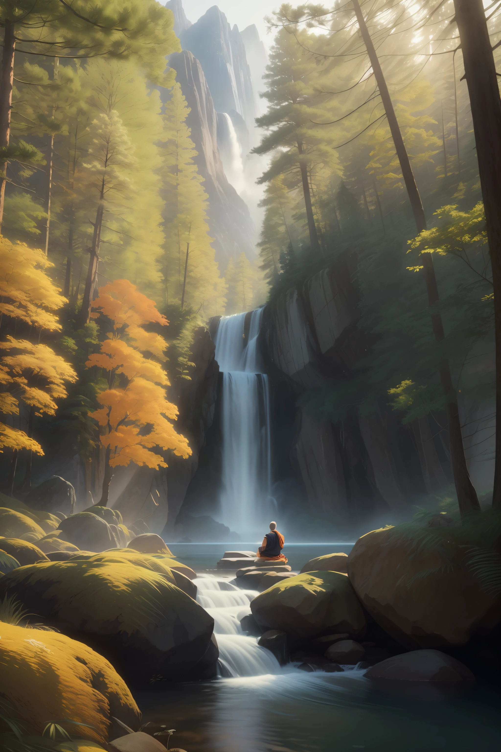 a monk is meditating, wearing a white robe in the temple, the temple is in the forest, raw photo, surreal photo, unreal engine 4, 8k, super sharp, detailed colors, wide color coverage , extreme scene detail, shading, anti-aliasing, error detail smoothing,raw photo, surreal image, unreal engine 4, 8k, super sharp, detailed colors, wide color coverage, extremely high scene detail, shading, anti-aliasing, error detail smoothing, raw photo, surreal photo, unreal engine 4.8k, super sharp, detailed color, wide color coverage, scene detail extremely tall object , (8k, RAW photo, best quality, masterpiece:1.2), (realistic, photo-realistic:1.37),modelshoot style, (extremely detailed CG unity 8k wallpaper),professional majestic oil painting by Ed Blinkey, Atey Ghailan, Studio Ghibli, by Jeremy Mann, Greg Manchess, Antonio Moro, trending on ArtStation, trending on CGSociety, Intricate, High Detail, Sharp focus, dramatic, photorealistic painting art by midjourney and greg rutkowski, scene detail extreme objects, shading, anti-aliasing, error detail smoothing