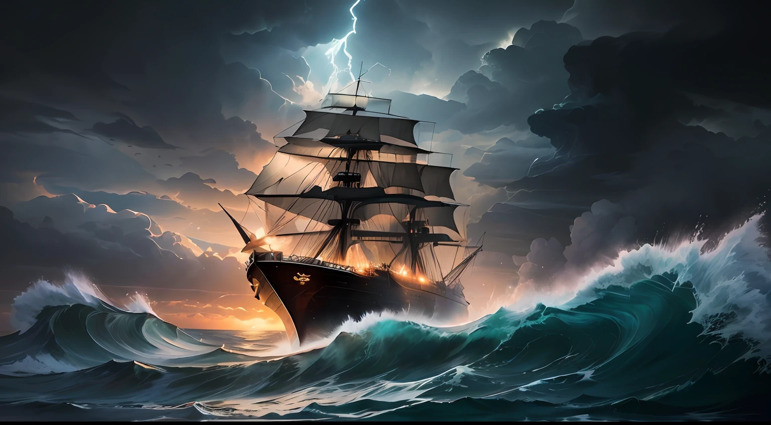 There is a large ship sailing in the ocean with lightning, a ship lost in a storm, Dramatic nautical scenes, In the rough sea，The waves are huge, rough sea, gothic ship on ocean, sea storm, ship at sea, author：Brian Thomas, Sail ships, stormy sea, night sea storm, on a pirate ship background, a violent storm at sea, Rough seas
