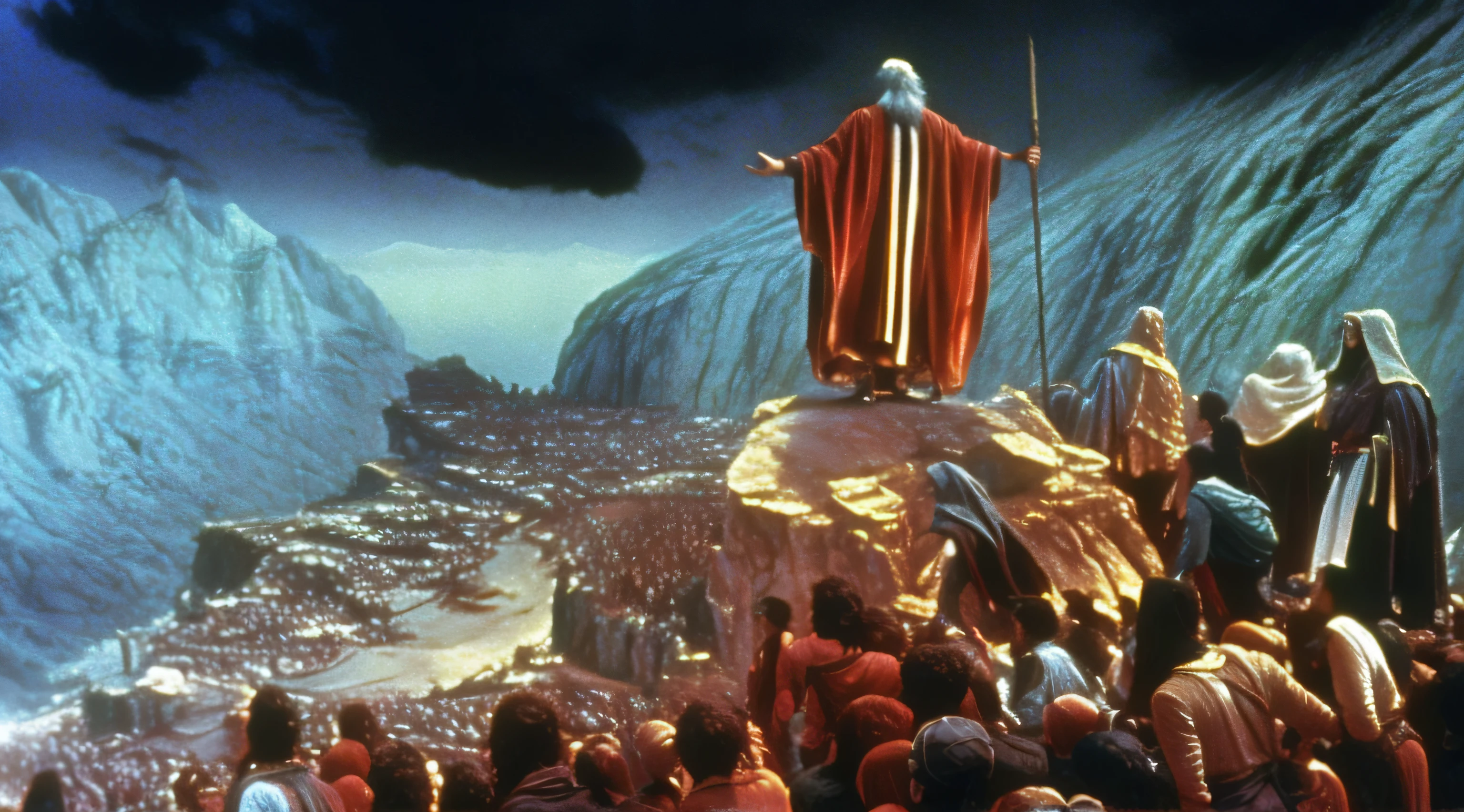 Alafed scene of man standing on top of mountain with crowd, Moses, Biblical Epic Movies, epic biblical depiction, 1 9 7 0 s film, Dante's Inferno, scene from a 1 9 7 3 film, screenshot from the 1983 film, David Febrand, John Schönher, Color Fellini film of 1982