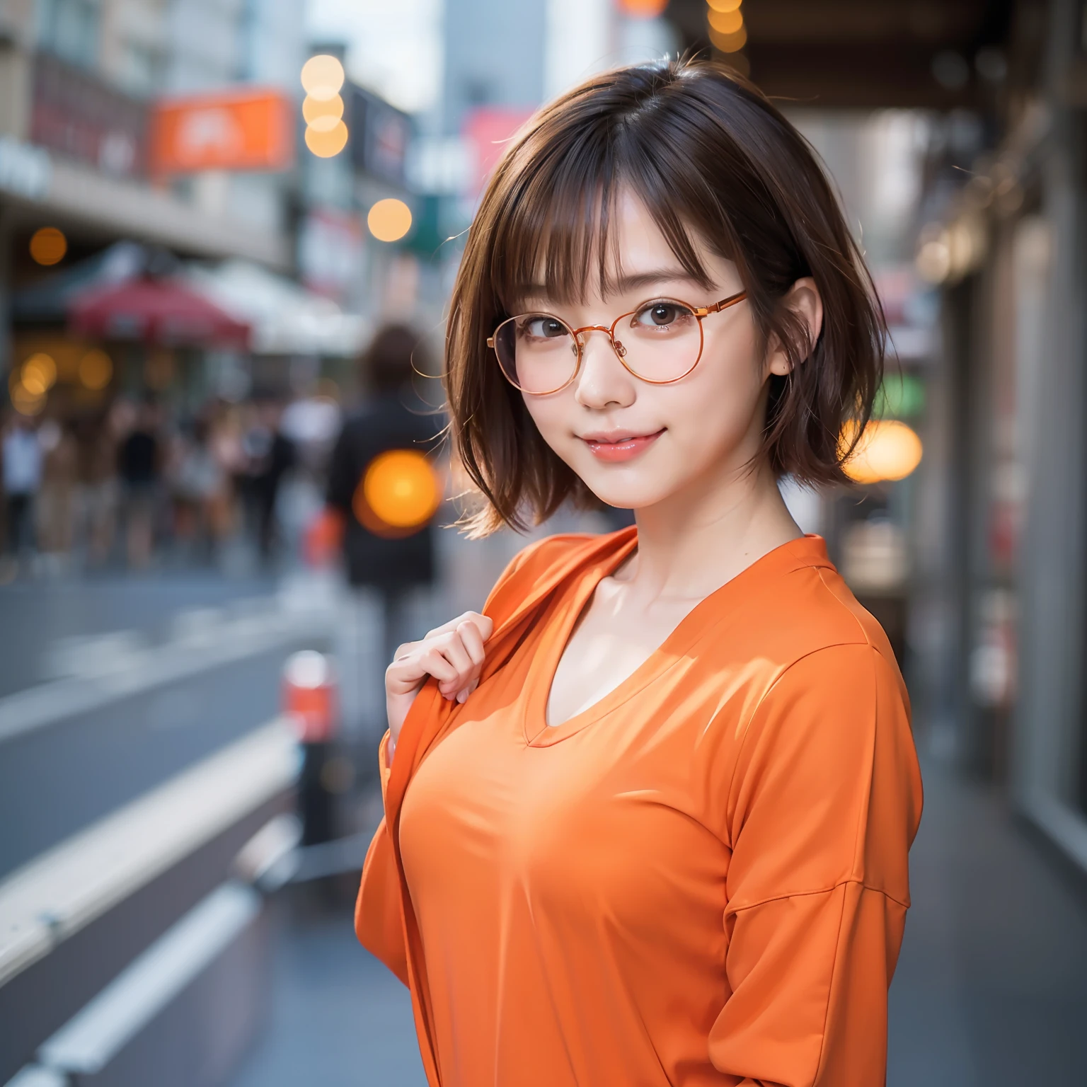(Best quality, 8k, 32k, Masterpiece, UHD:1.2),Photo of Pretty Japanese woman, red round glasses,very short hair, frizzy brown hair,smile,UHD image,upper body,(orange suit:1.1),white T-shirt,looking at around