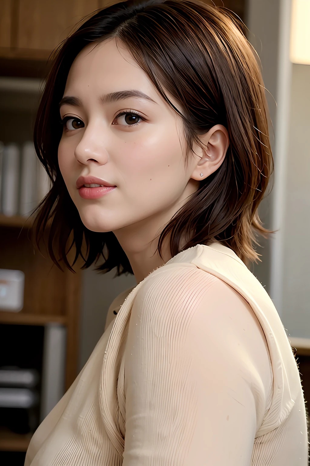 (supermarket:1)、PM、Doctor dressing、Light brown fringe short hair、Light brown eyes、lightly dressed、Mass sweat、suns、Hot、Light brown eyes、1girll、Innocence、(Photorealsitic)、(intricate detailes:1.2)、(​masterpiece、:1.3)、(top-quality:1.4)、(超A high resolution:1.2)、超A high resolution、(A detailed eye)、(detailed facial features)、nffsw、8K分辨率、(lensflare:0.7)、Looks Back、Busy with inspection reports、Face Buyer