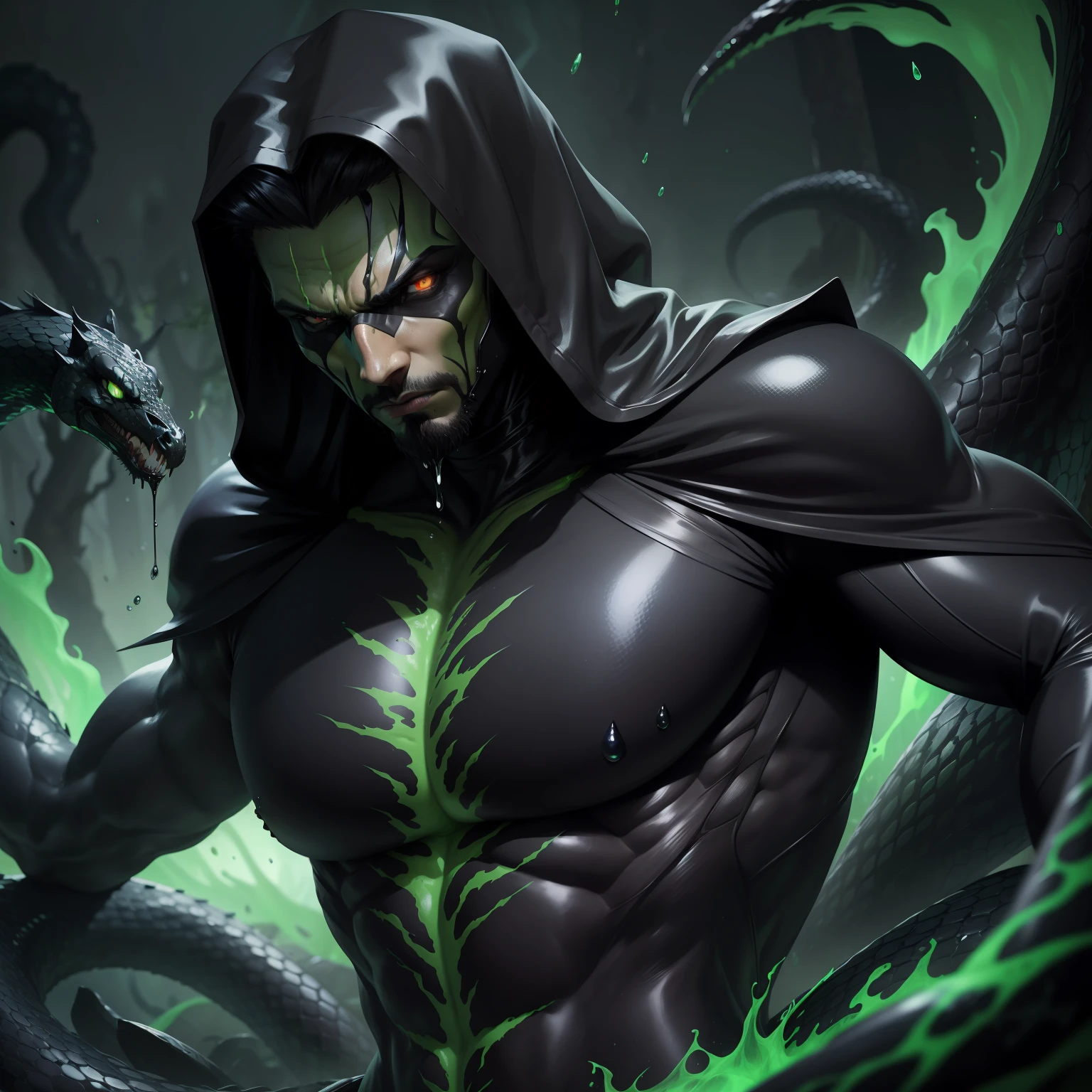intimidating appearance, resembling a giant snake made of black smoke with venomous shades of green. Your body is sinuous and fluid, with glowing eyes emanating a toxic glow. Sua boca se abre para revelar presas afiadas, dripping a poisonous liquid. He seems to be constantly shrouded in a poisonous mist, deixando um rastro de toxinas no ar.
