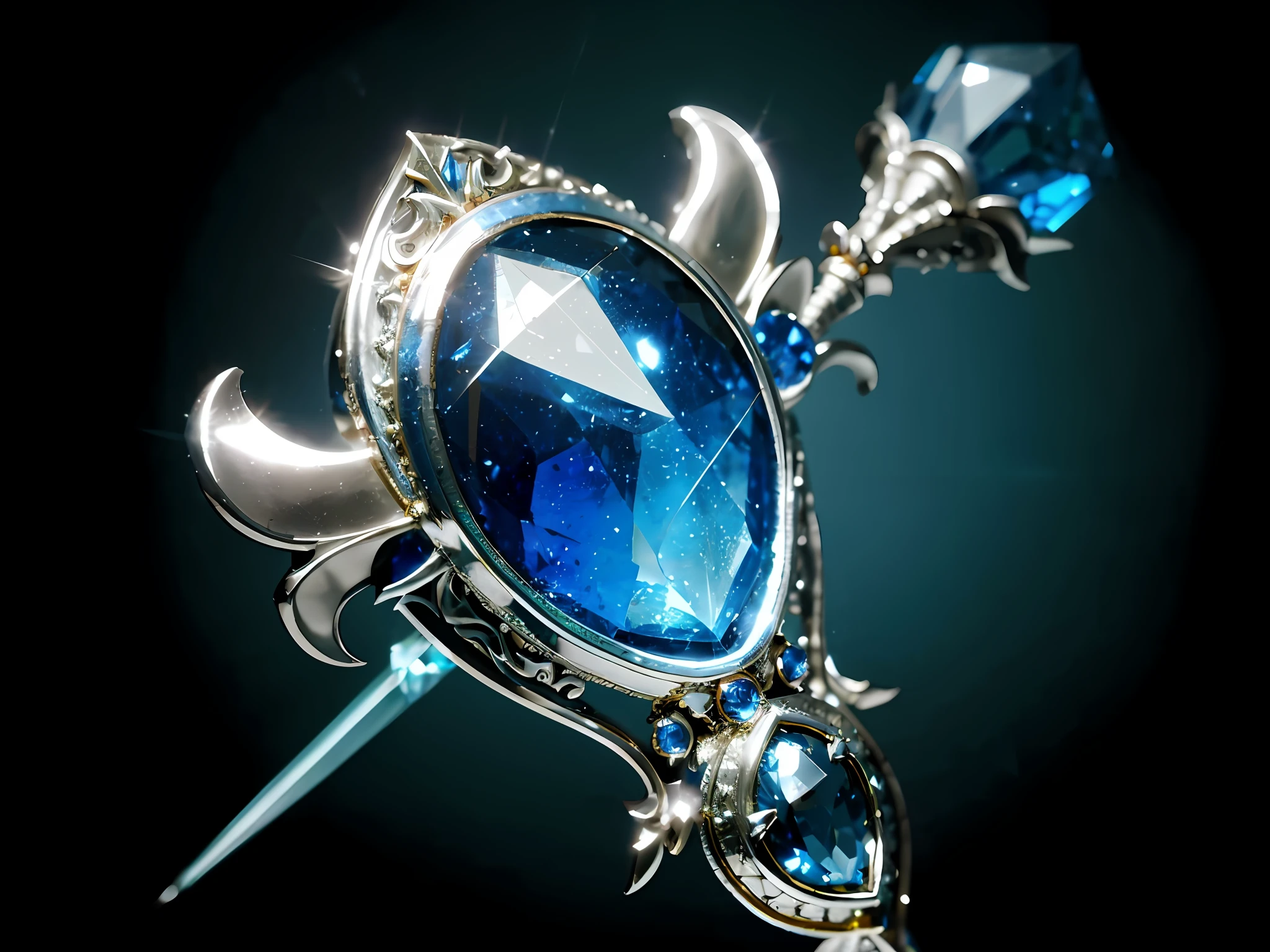 There is a blue crystal and silver brooch, Silver and sapphire dazzling gemstones, carved from sapphire stone, rendered in keyshot, intricate fantasy spear, as seen on artstation, sceptre, rpg item render, 8K high quality detailed art, super detailed render, epic fantasy weapon art, rendered in corona, Pedras preciosas