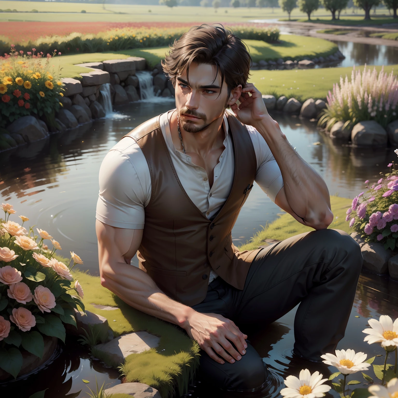 Best quality, masterpiece, expressionless,ultra high res,detailed background,realistic,1man,solo,male,muscular,mature male,short hair,facial hair,sitting,water,flower field,real shadow and light,depth of field,