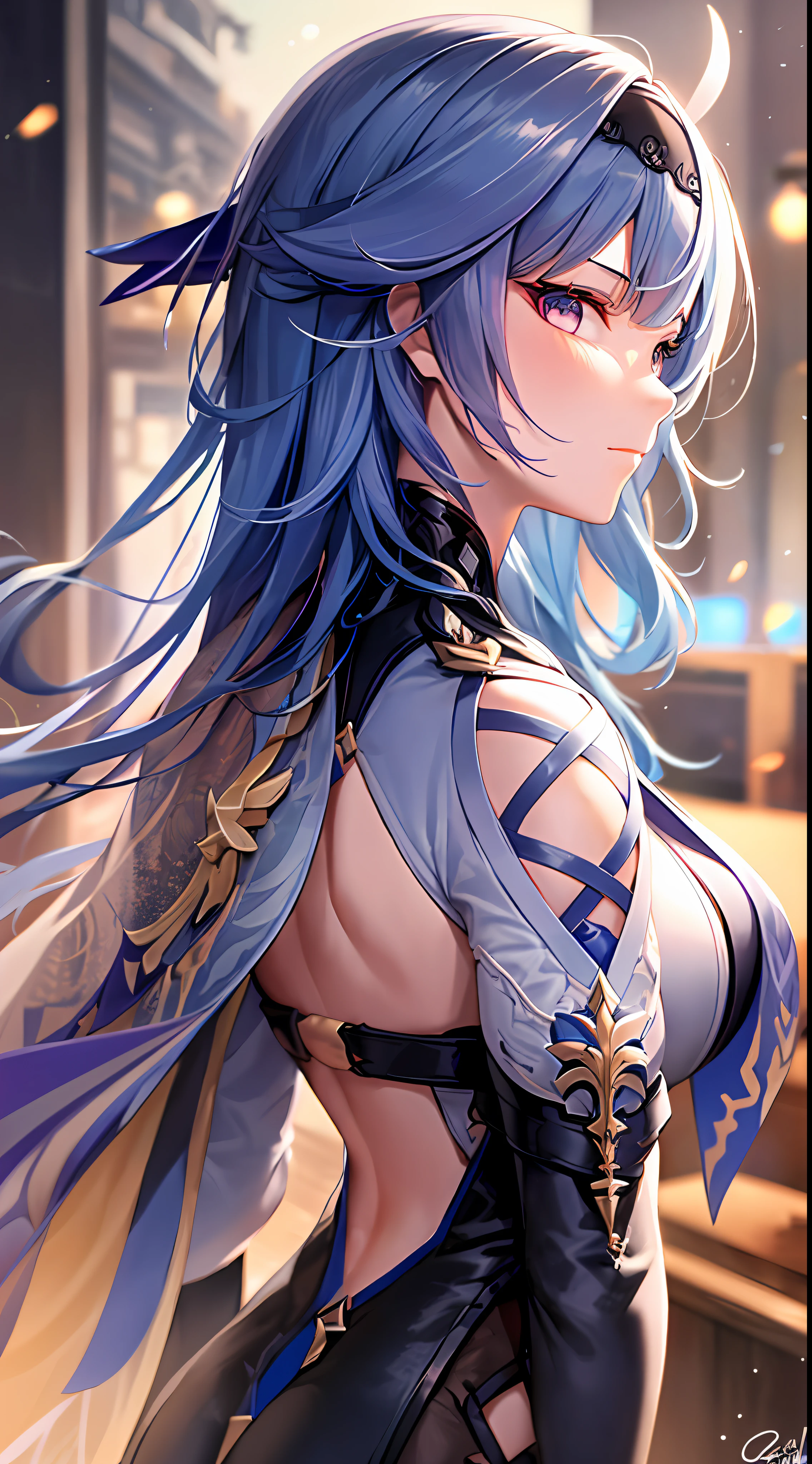 Mast, best quality, 1 girl, raiden \ (Genshin Impact), purple hair, purple eyes, long hair, headband, hair accessories, looking at the audience, from the rear, eula signature weapon claymore sword attached on her back