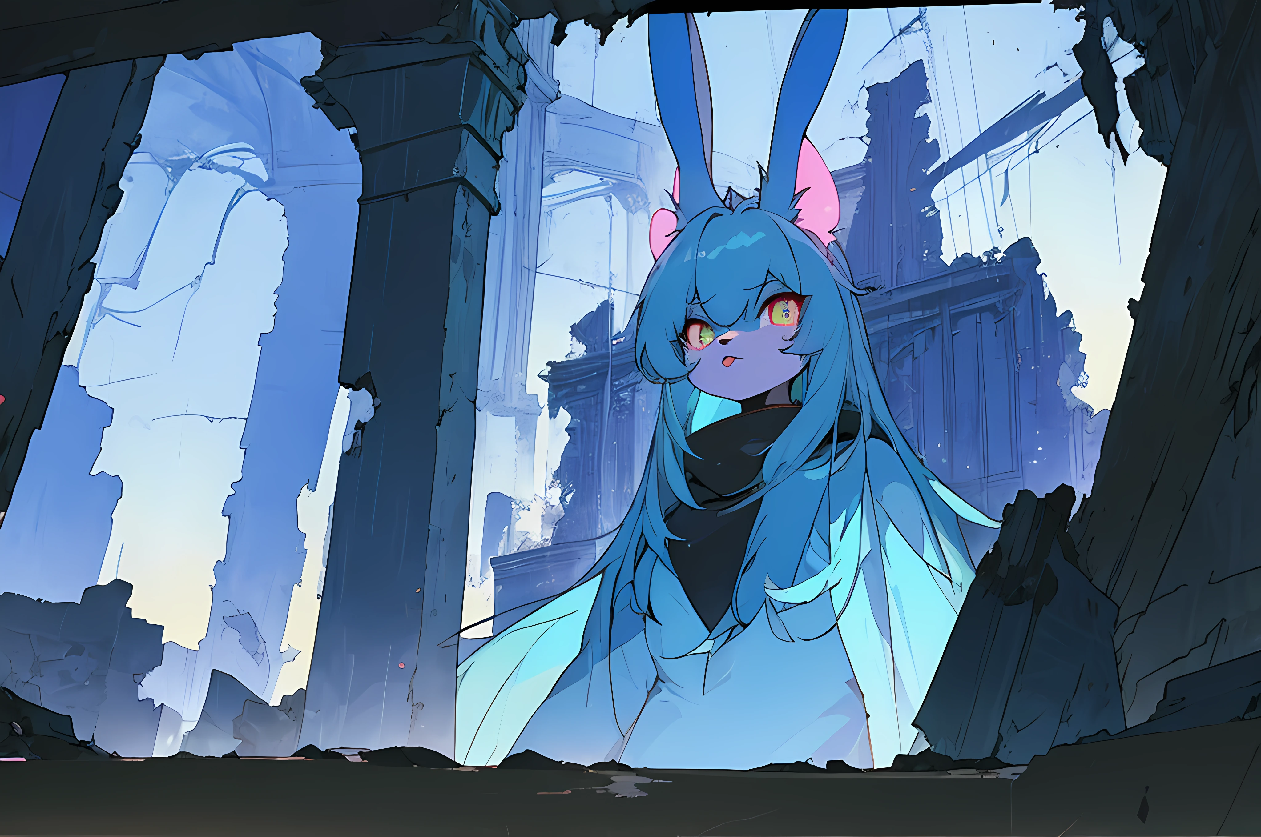 (vintage vhs), (crt screenshot), (((dark scene))), (((dark cloudy scene))), (((angel's egg anime))), (((underground basement scene))), (((unlit nighttime scene))), (((dark abandoned cathedral house))), (((solemn blue anthro kemono furry rabbit exploring old ruins))), (((underground cavern exploring in old ruins))), anime rabbit character with futuristic hair and glowing eyes exploring old ruins, anime art, anime aesthetic, (((old ruins in background cel art))), kemono anime rabbit girl, wearing cybernetic bunny ears, angry female fighter --v6