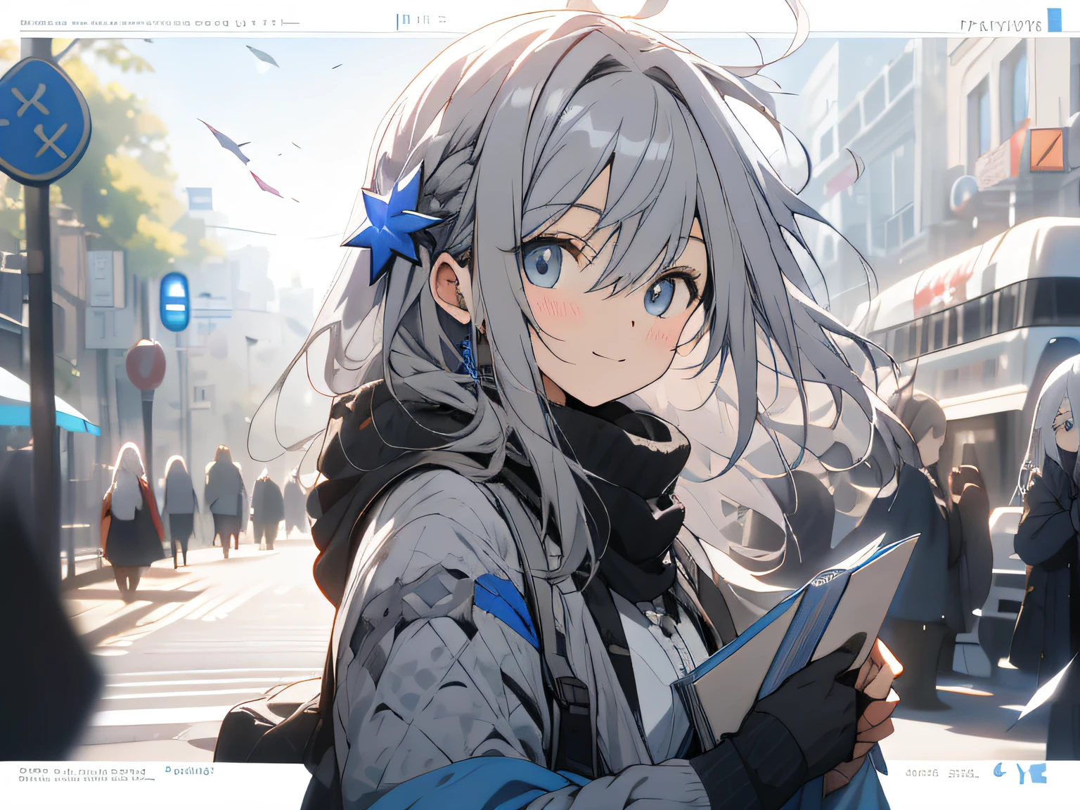 Anime girl holding a book,Long gray hair、eBlue eyes,From the Ark and Girls Front,best anime 4k Konachang wallpapers,girls frontline style,Fine details,Popular on ArtStation and Pixiv,Gray hair CG,Guweiz in Pixiv ArtStation,anime visual of a cute girl,Kantai collection style。Smiling,The eyes have highlights,Look at the camera and behind you is the bustling city center with twinkling stars at night