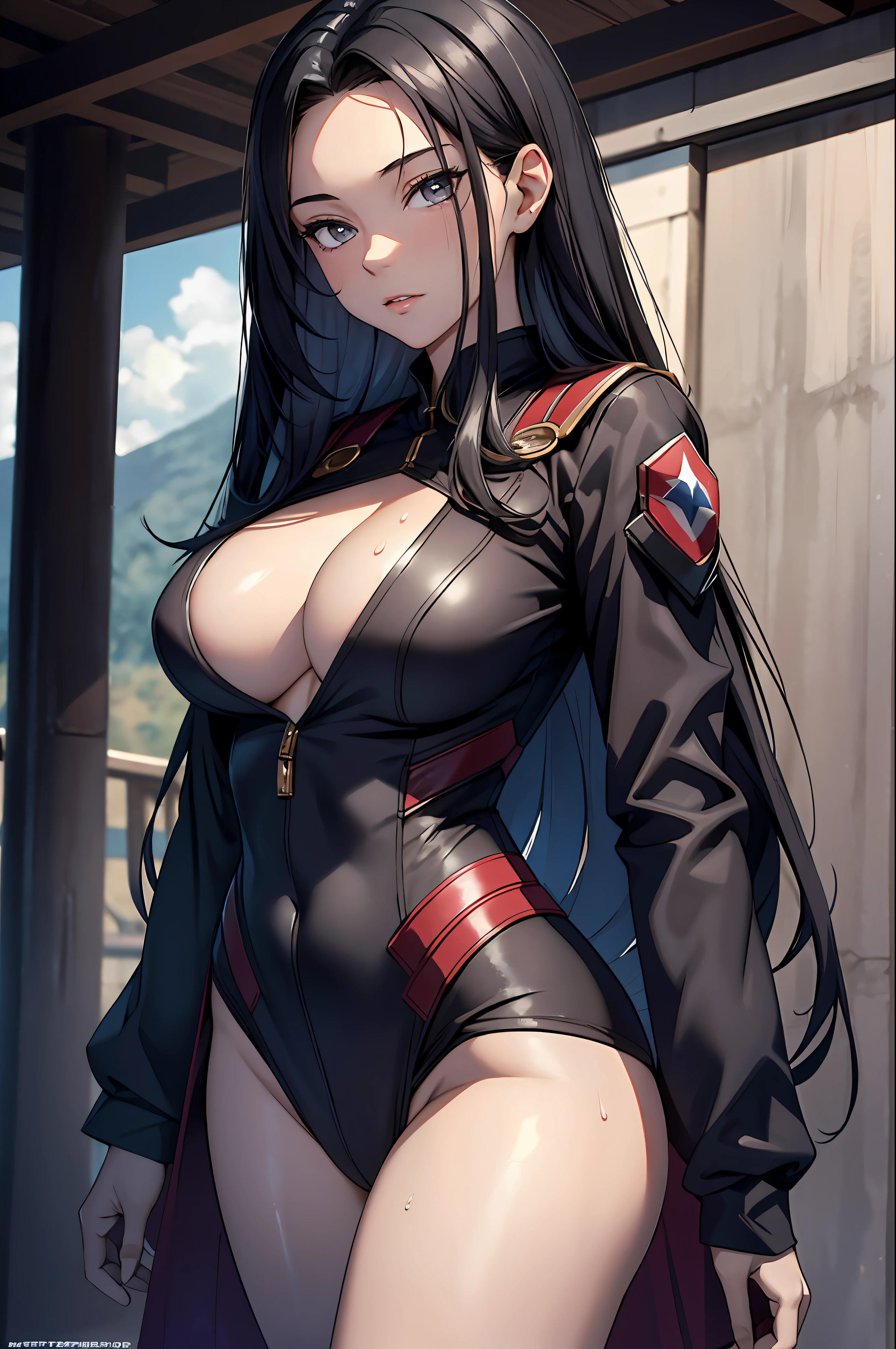 ((Masterpiece, Best_quality)), 1girll, (真实感:1.4), 1female，35yo，Huge breasts， 独奏， captain america，Wearing a red transparent military uniform， Pornographic exposure，ln the forest，  She has long flowing black hair， Bare genitalia，Sateen，Bigchest， From the front side， Wet straight hair， Sweating profusely，mostly cloudy sky，（tmasterpiece），（Very detailed CG unity 8K wallpaper），best qualtiy，cinmatic lighting，detailed back ground，beatiful detailed eyes，Bright pupils，（Very fine and beautiful），（Beautiful and detailed eye description），ultra - detailed，facing at camera，A high resolution，ultra - detailed），Very long hair，standing on your feet，Emotive expressions，Open-mouthed，Chest sagging，nakeness， Expose the genitals，revealing breasts，Camel toes，with no underpants，extremely large bosom，Extremely colorful，Most detailed，fully body photo，The face is well lit