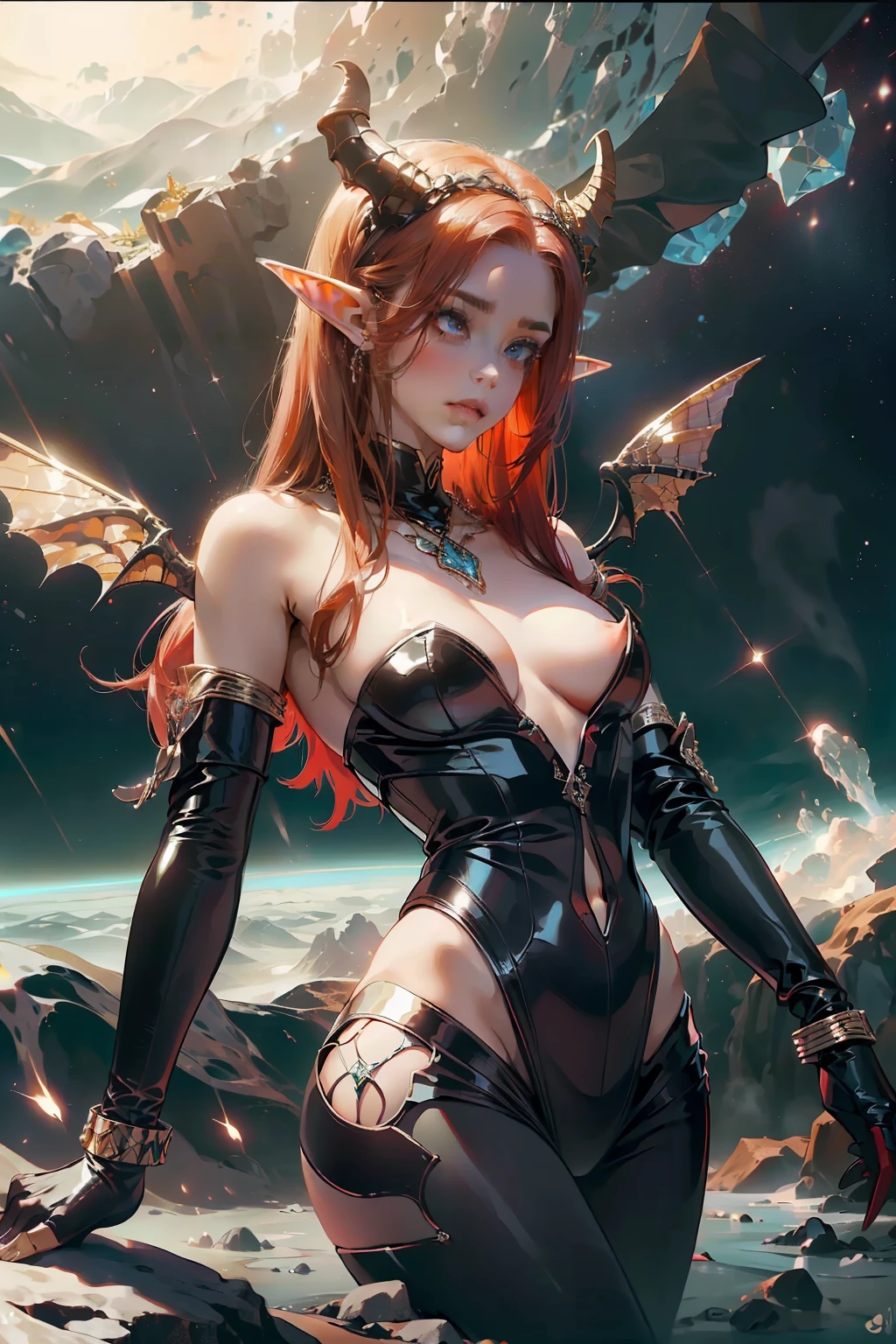(cabelo vermelho), (NSFW), ((obra-prima, melhor qualidade)), (1girl), ((matural female)), (elf), (chifres), ((Succubus)) (((head ornament))), ((cabelo vermelho)), ((cabelo cor vermelho)), (seios grandes), nebula