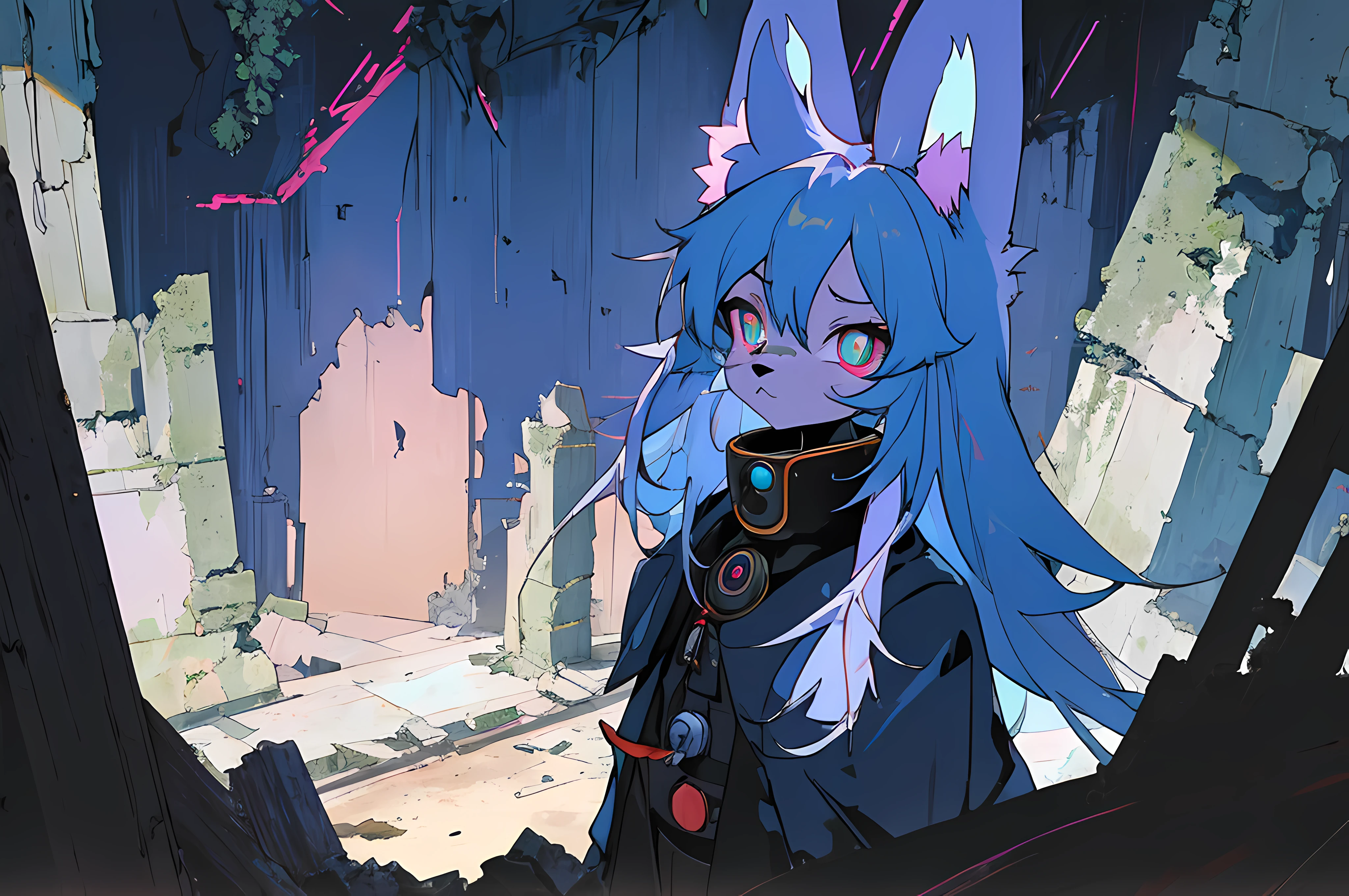(vintage vhs), (crt screenshot), (((dark scene))), (((dark cloudy scene))), (((angel's egg anime))), (((underground basement scene))), (((unlit nighttime scene))), (((dark abandoned cathedral house))), (((solemn blue anthro kemono furry rabbit exploring old ruins))), (((underground cavern exploring in old ruins))), anime rabbit character with futuristic hair and glowing eyes exploring old ruins, anime art, anime aesthetic, (((old ruins in background cel art))), kemono anime rabbit girl, wearing cybernetic bunny ears, angry female fighter --v6