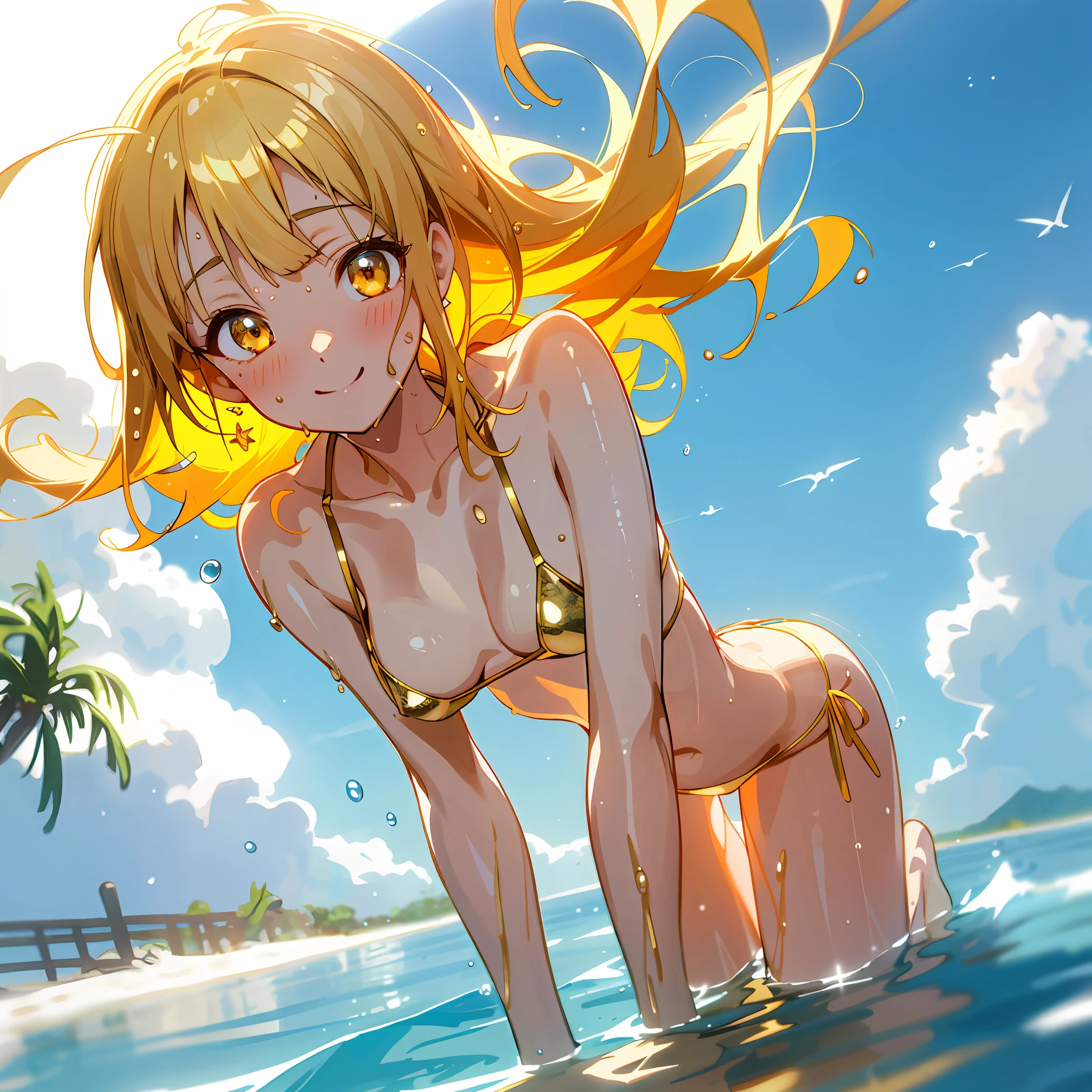 absurderes, hight resolution, (Anime style:1.1),
((masutepiece)), ((Best Quality)), (Ultra-detailed), ((Extremely detailed)), (Beautiful),
((Kawaii Girl)), (Lori:1.7), 独奏, Beautiful face, Cute face, Happy smile, Cheerful,
(Golden Eyes, Beautiful detailed eyes:1.3), shiny very short pale blonde hair,、Floating hair,Slender girl, (medium breasts:1.4)、(Cute Gold Micro Bikini:1.3),super low angle, high quality background, Under the sea、(The whole body is wet with seawater:1.4)、Sunshine、Midsummer Sun、Your hair, face and body are soaking wet、Body immersion、Swimming、(all-fours:1.3)、look up to、Glittering sea surface、lensflare、Nothing at sea level、Beautiful clouds、Smile