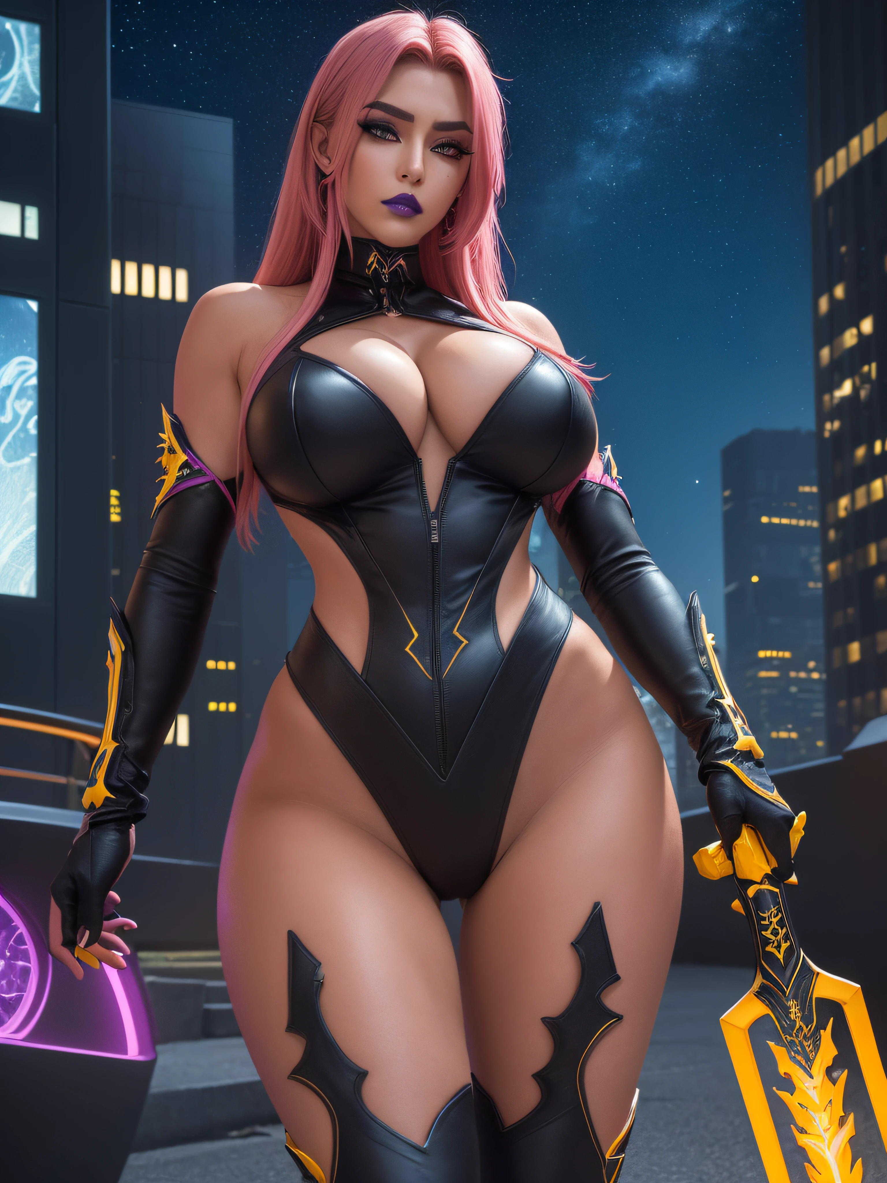 (masterpiece, highres, best quality:1.3), 8K, highly detailed, intricate, colorful, vibrant image, sharp focus, trending on pixiv
Ingrid, (Helloutfit:1.4), holding yellow glowing sword, mature female, curvy, (dark skinned female:1.15), star sky, skyscrapers, night city background, scowl, looking at viewer, full body shot,
pink hair, very long hair, forehead, hair intakes, (purple:0.9) lipstick, black eyeshadow, makeup, (mole under mouth:0.7), yellow eyes, perfect eyes, perfect face, detailed face,
black (halterneck, turleneck, underboob:1.1), center opening, elbow gloves, black highleg panties, thighhighs, boots,
large breasts, (covered, nipple slip, areola slip, cleavage,