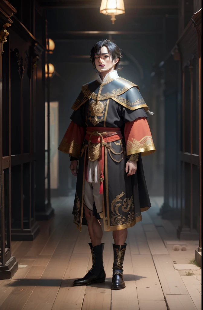 of a guy，Douluo Continent costume，Black hair，Mighty，standing on your feet，In a cage，