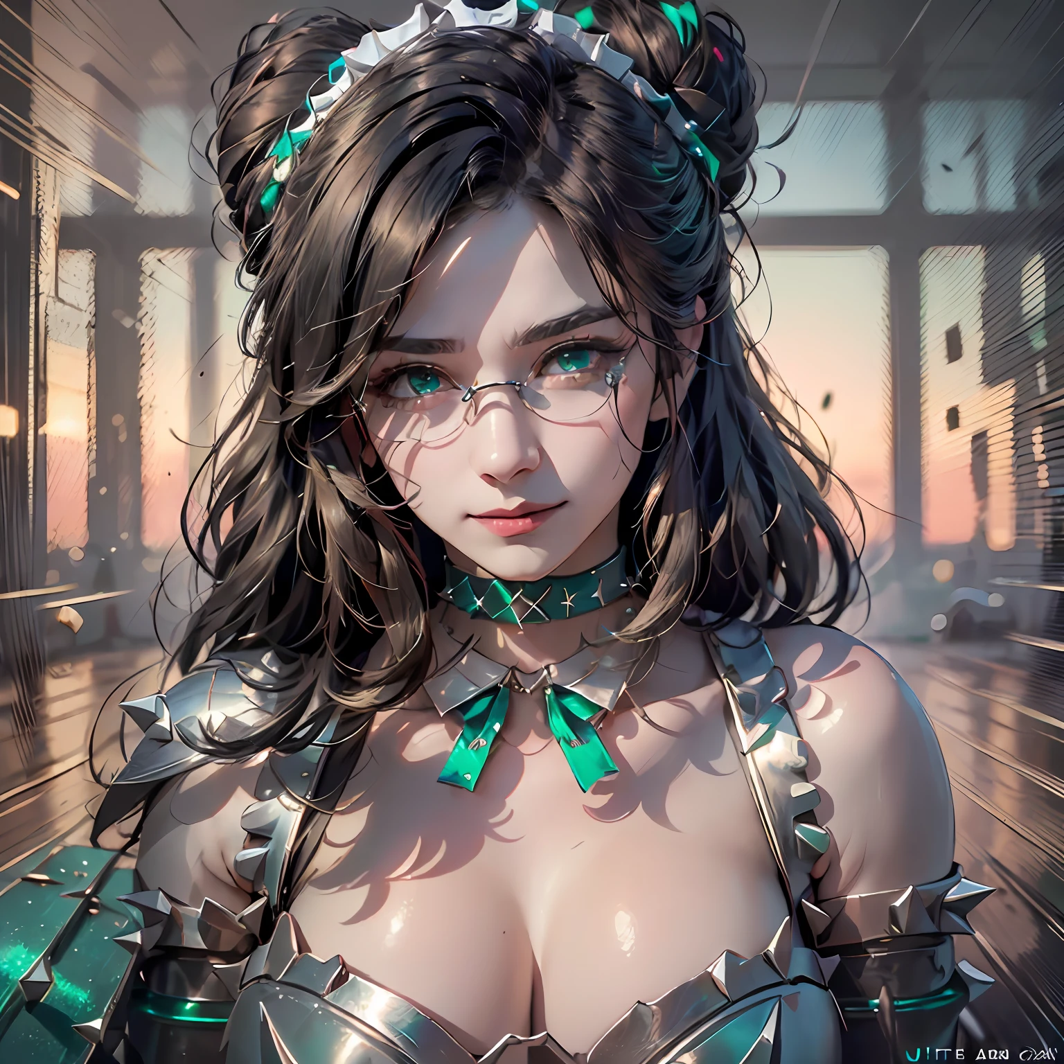 (1girl, yuri alpha:1.0), (anime overlord), (Maid_Dress), (64k, UHD, Raw photo, highes, Best Quality anime, mastepiece:2.0), (Ultra-fine depiction of details:3.0), (a serious, loyal, hard-working maid head, the vice-captain of the "Pleiades Six Stars", the battle maid squad of the Great Tomb of Nazarick), (a beautiful maid with an intelligent look, and confidence), (long black hair, slightly messy:1.6), (gothic style blue choker:1.7), (elegant, vivid blue bowtie, ribbon:1.3), (She is equipped with highly elaborately designed, {dark emerald green} spiky gauntlets:2.0), (perfect face, perfect body, perfect figure, pink lips, slight blush), (cool, intellectual glasses), (grayish-blue eyes), (shiny sleek long hair, single hair bun, single braid bun, double bun), (silky, high-quality, majestic, gothic, ((low-key)), simple, maid dress:1.0), , (gigantic saggy breasts, almost brimming out of maid dress:1.1), (sexy cleavage:1.1), (closed mouth, with a slight hint of smile:1.6), (looking at the viewer, seductively), (at the library, studying the orders issued by the master of [the Great Tomb of Nazarick, Ainz Ooal Gown], the room is filled with solemn atmosphere, (portrait, long shot, full body shot), (perfect lighting,)