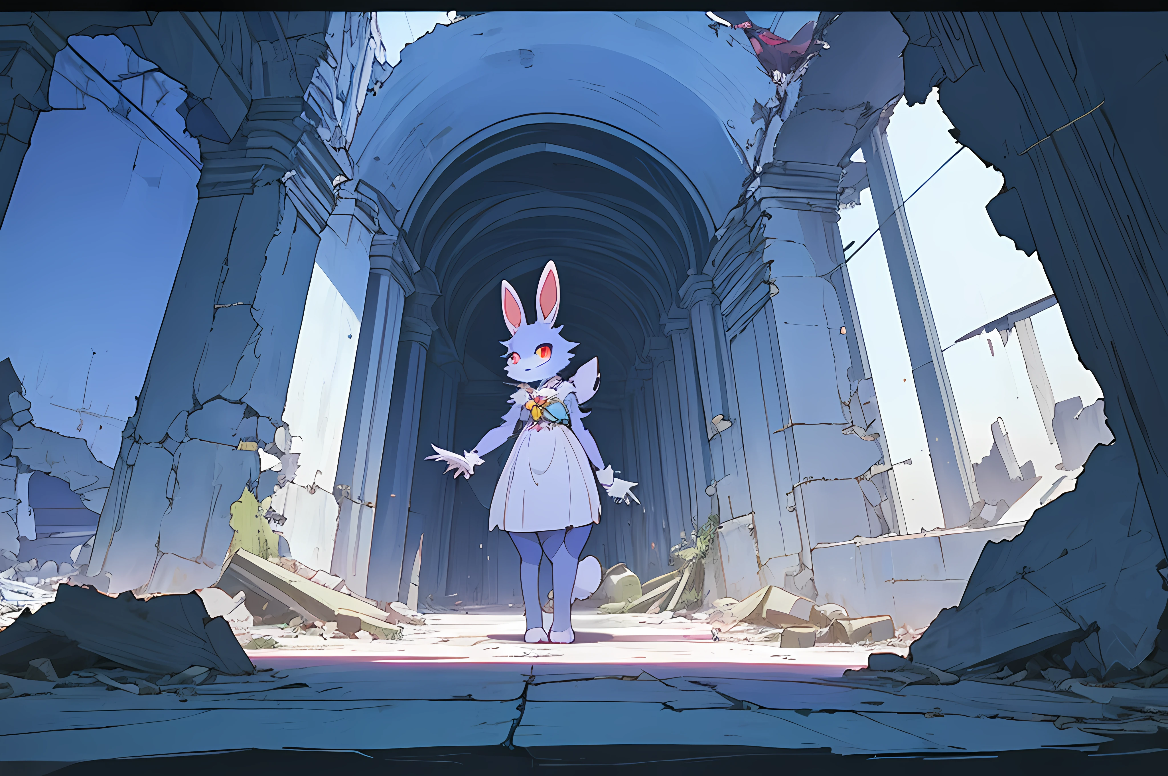 (vintage vhs), (crt screenshot), (((dark scene))), (((dark cloudy scene))), (((angel's egg anime))), (((underground basement scene))), (((unlit nighttime scene))), (((dark abandoned cathedral house))), (((solemn blue anthro kemono furry rabbit exploring old ruins))), (((underground cavern exploring in old ruins))), anime rabbit character with futuristic hair and glowing eyes exploring old ruins, anime art, anime aesthetic, (((old ruins in background cel art))), kemono anime rabbit girl, wearing cybernetic bunny ears, angry female fighter --v6