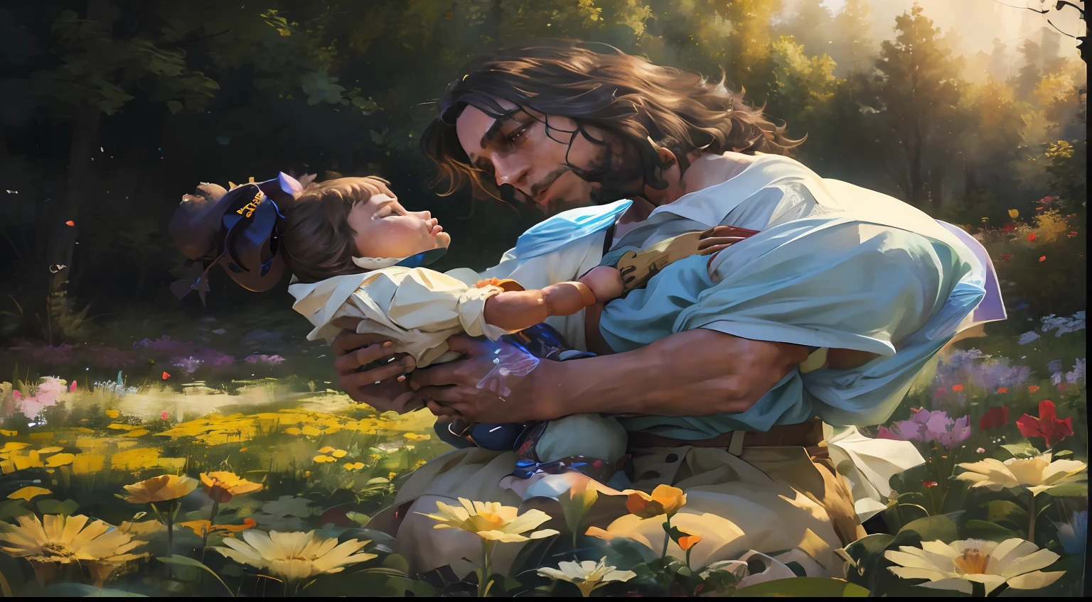 There is a man holding a in a field of flowers, Disney fotorrealista, Disney foto realista, disney render, pai com filho, Thomas Kinkade e Craig Mullins, arte conceitual emocional, imagem ultra realista, Cena realista, Pino Daeni e Dan Mumford, Arte Oficial, beautiful man, pixar retrato 8 k foto, um ultra realista