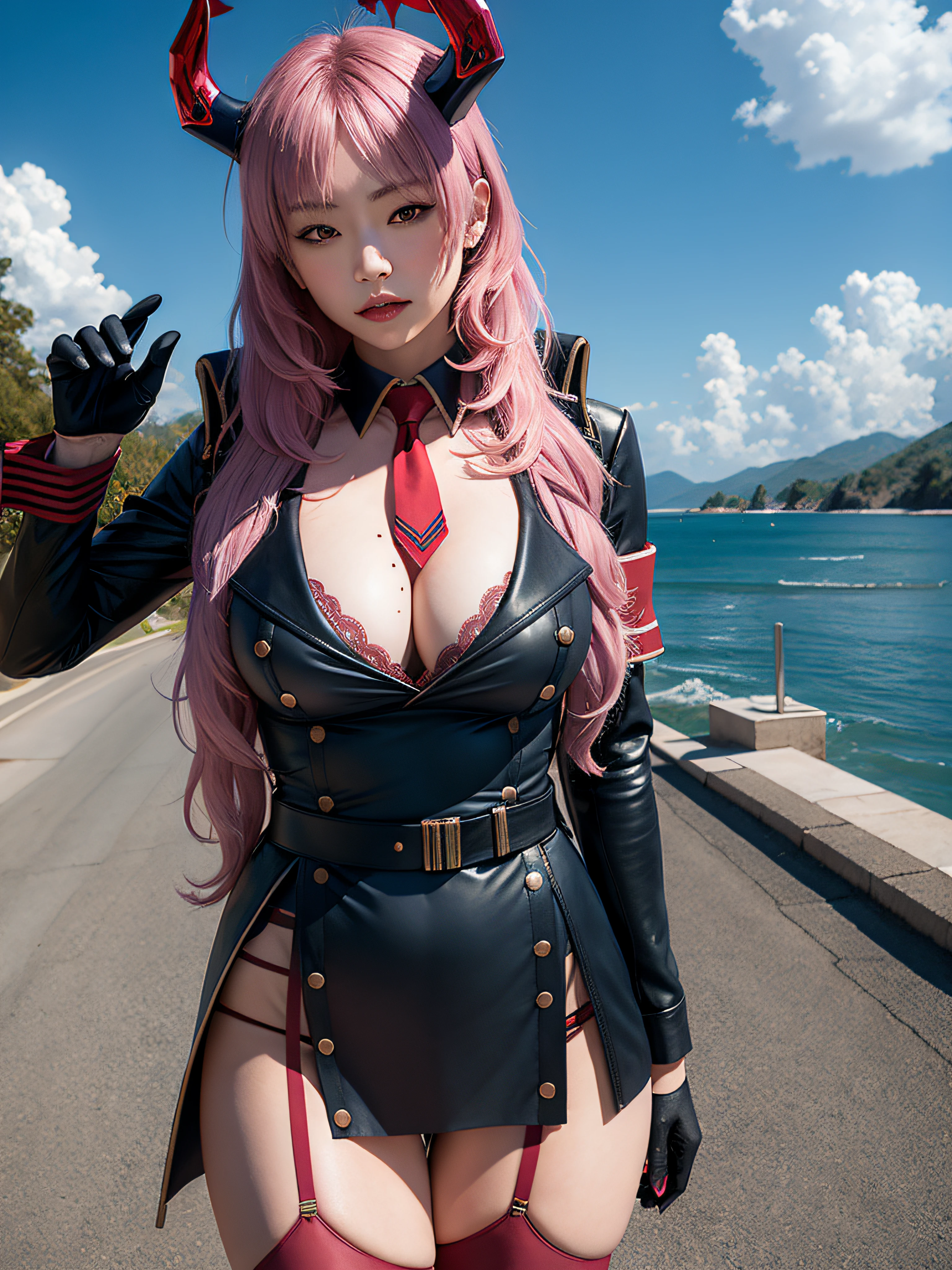 satsuki \(blue archive\), photorealistic, (hyperrealistic:1.2), masterpiece, best quality, 1girl, breasts, gloves, solo, pink hair, necktie, mole, long hair, black gloves, halo, bra, red necktie, angel of death, innocent, red eyes, angel wings, black clothes, full body, arms behind back, sky, halo, post-apocalypse,